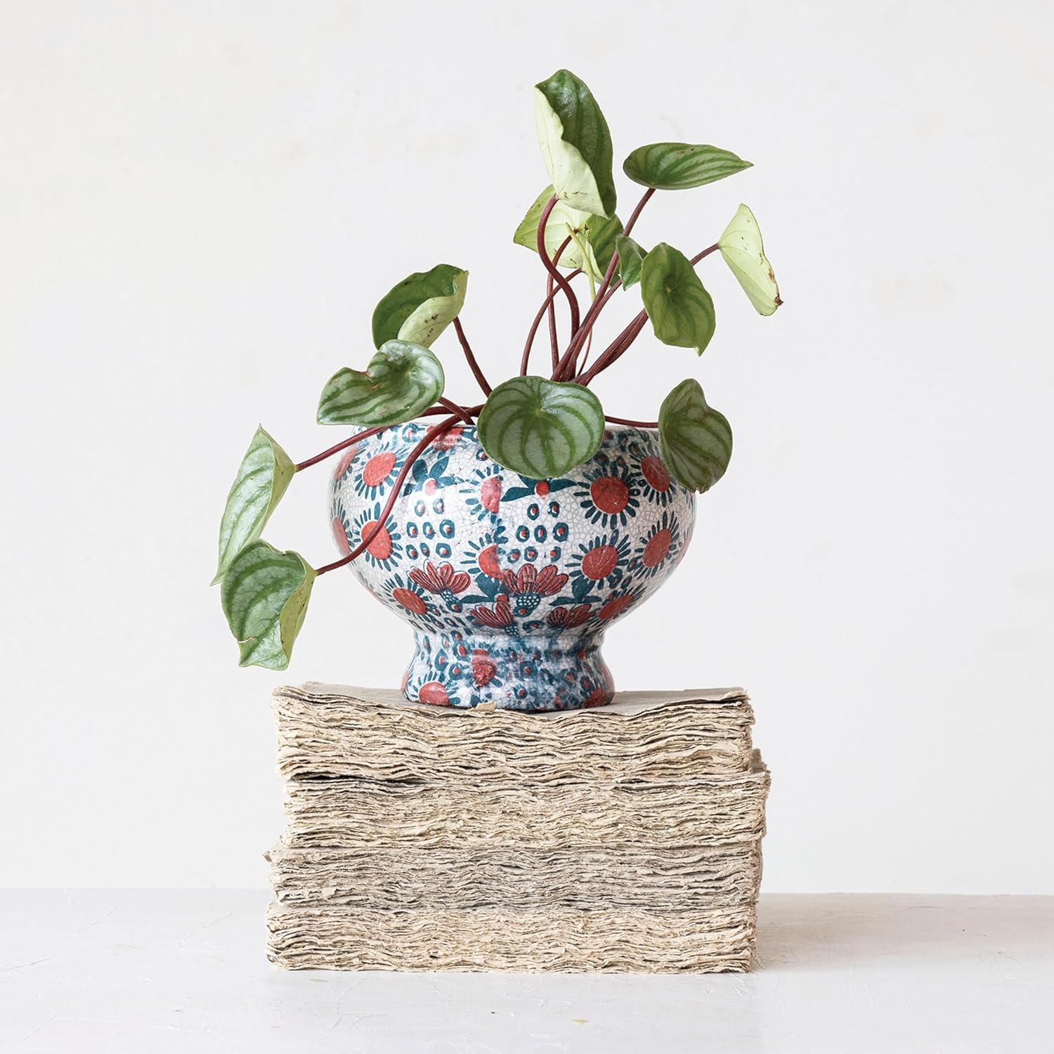 Creative Co-Op Decorative Printed Terra-cotta Footed Planter and Crackle Glaze, Multicolor