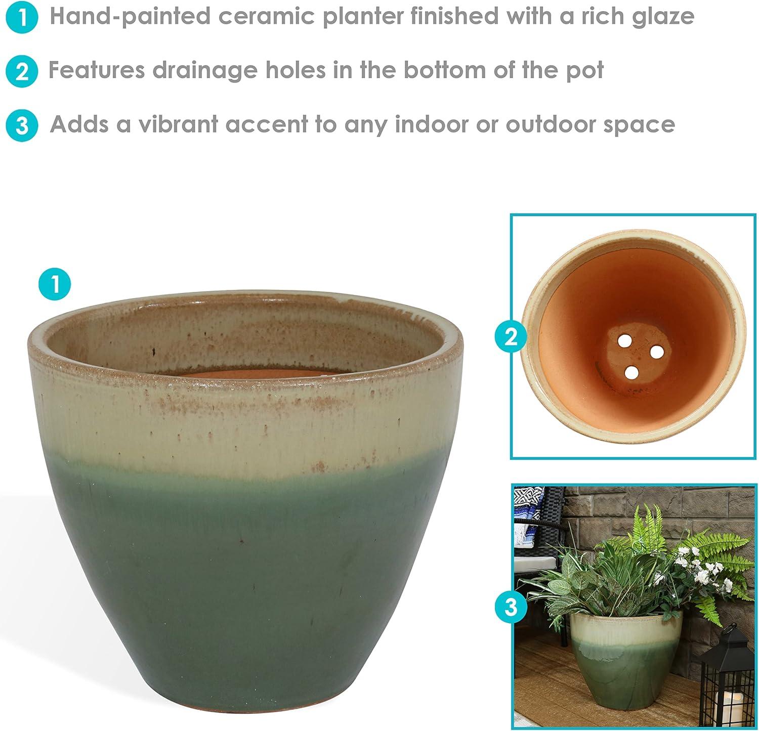 Sunnydaze Resort Outdoor/Indoor High-Fired Glazed UV and Frost-Resistant Ceramic Flower Pot Planter with Drainage Holes - 13" Diameter