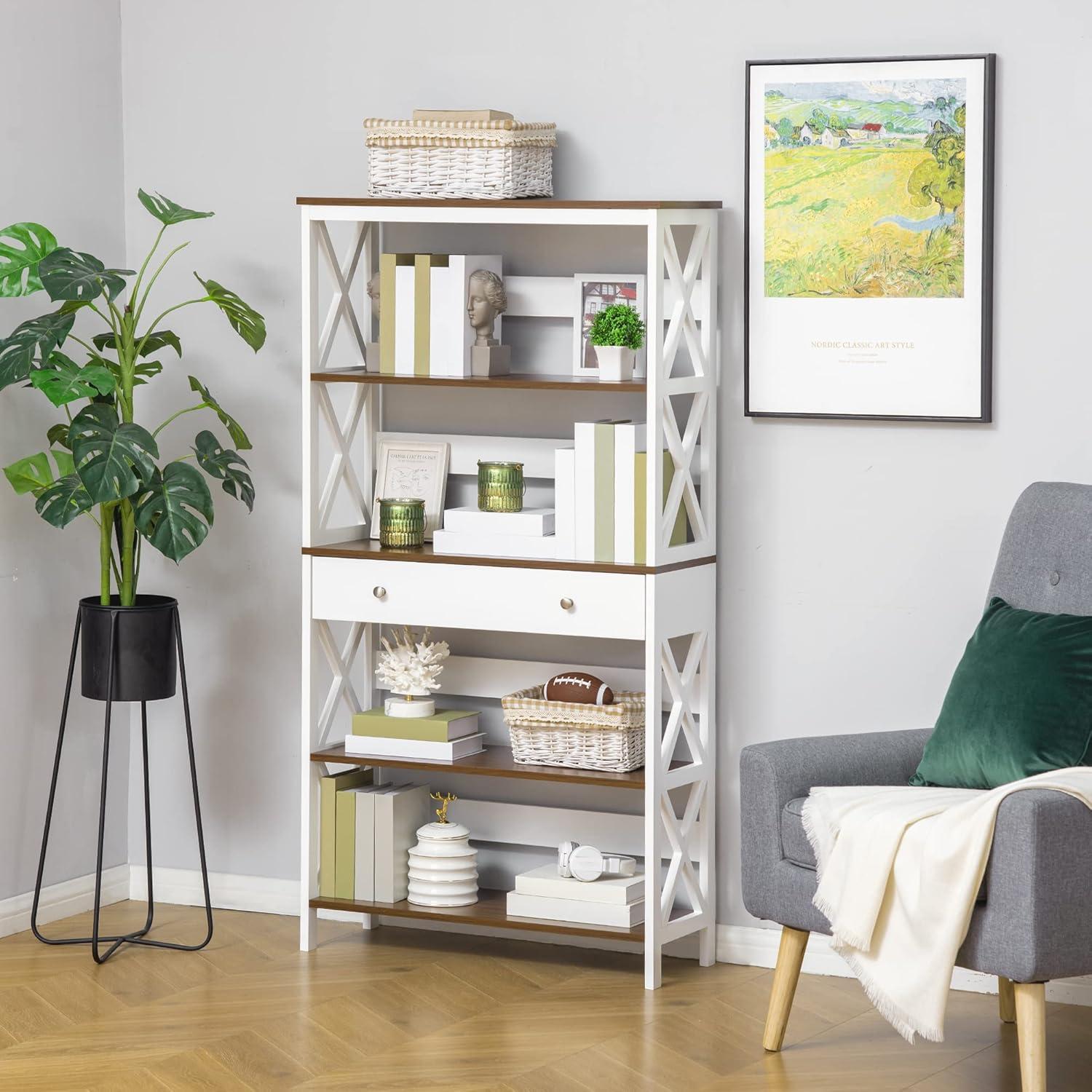 White and Dark Wood 4-Tier Etagere with Drawer