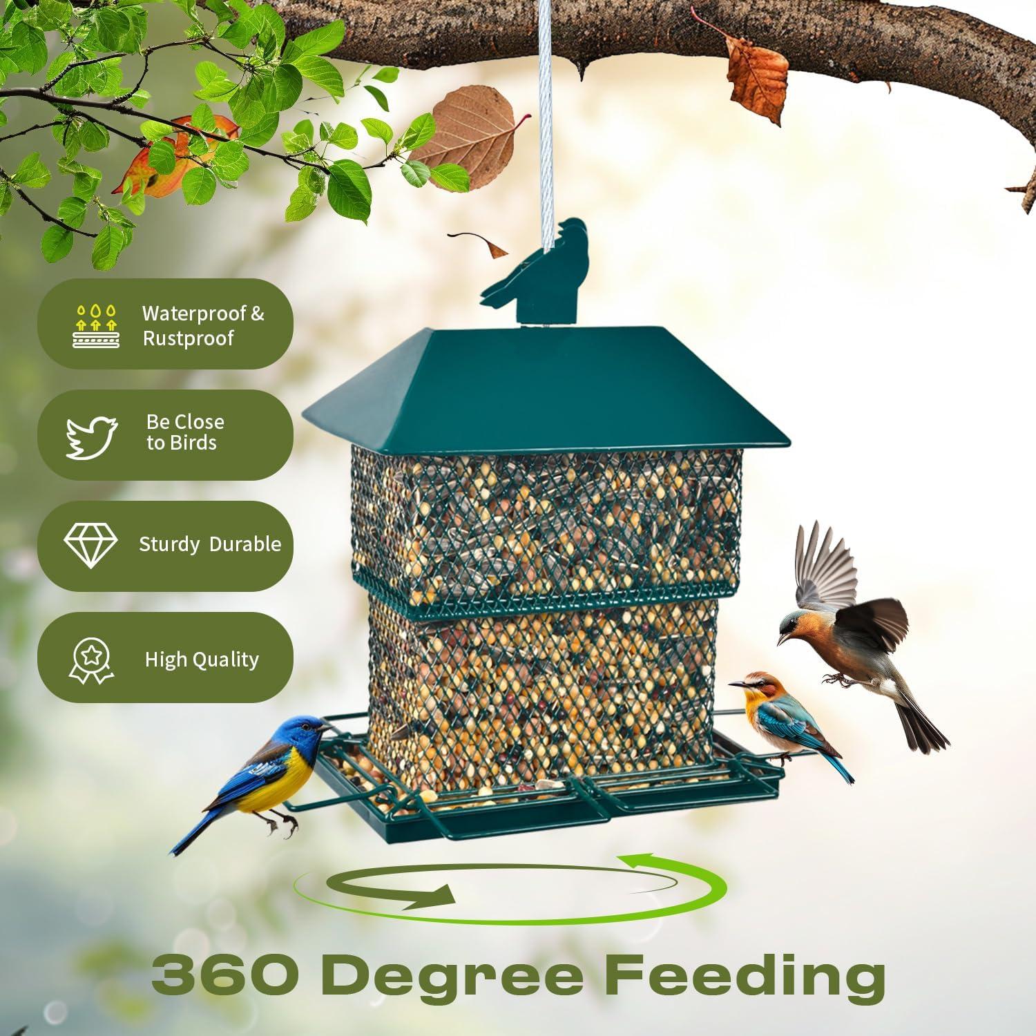 Digipettor Metal Wild Bird Feeder for Outside, Squirrel Proof Bird Feeders, Retractable 4LB Capacity Large Seed Birdfeeder for Outdoors Hanging Garden Yard, Green