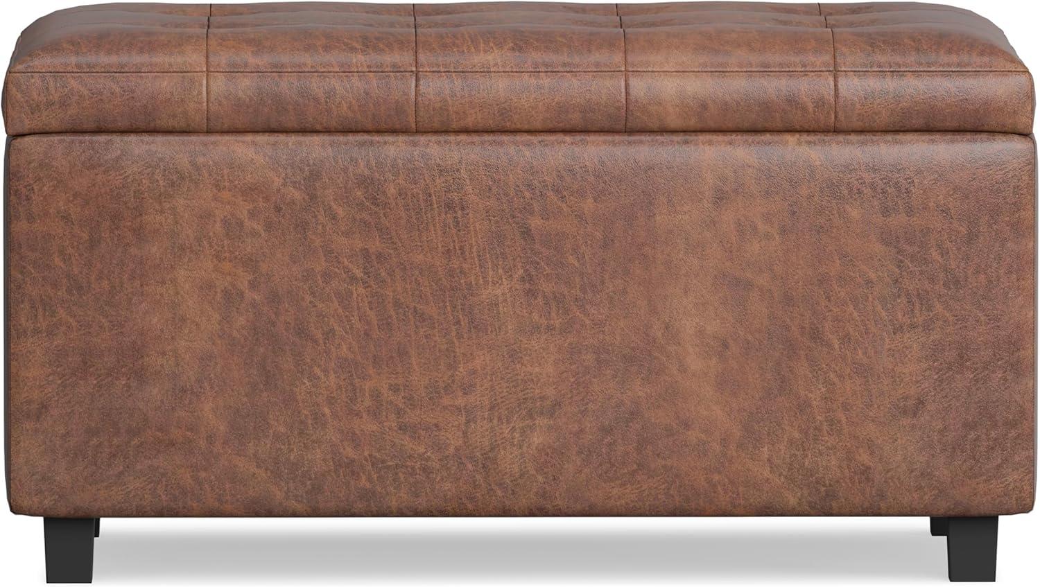 Simpli Home Cosmopolitan 34"W Upholstered Storage Ottoman with Tufted Design and Large Interior Storage