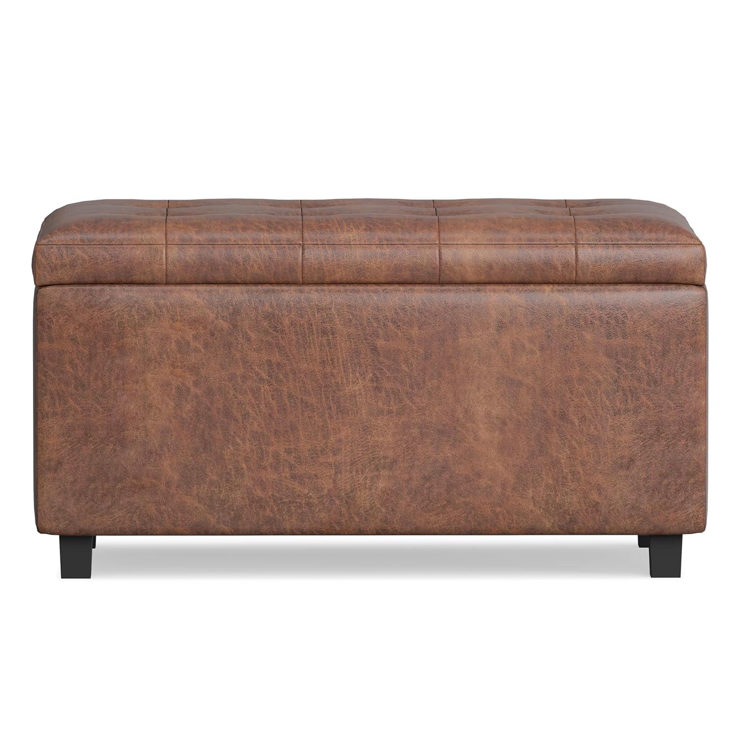 Simpli Home Cosmopolitan 34"W Upholstered Storage Ottoman with Tufted Design and Large Interior Storage