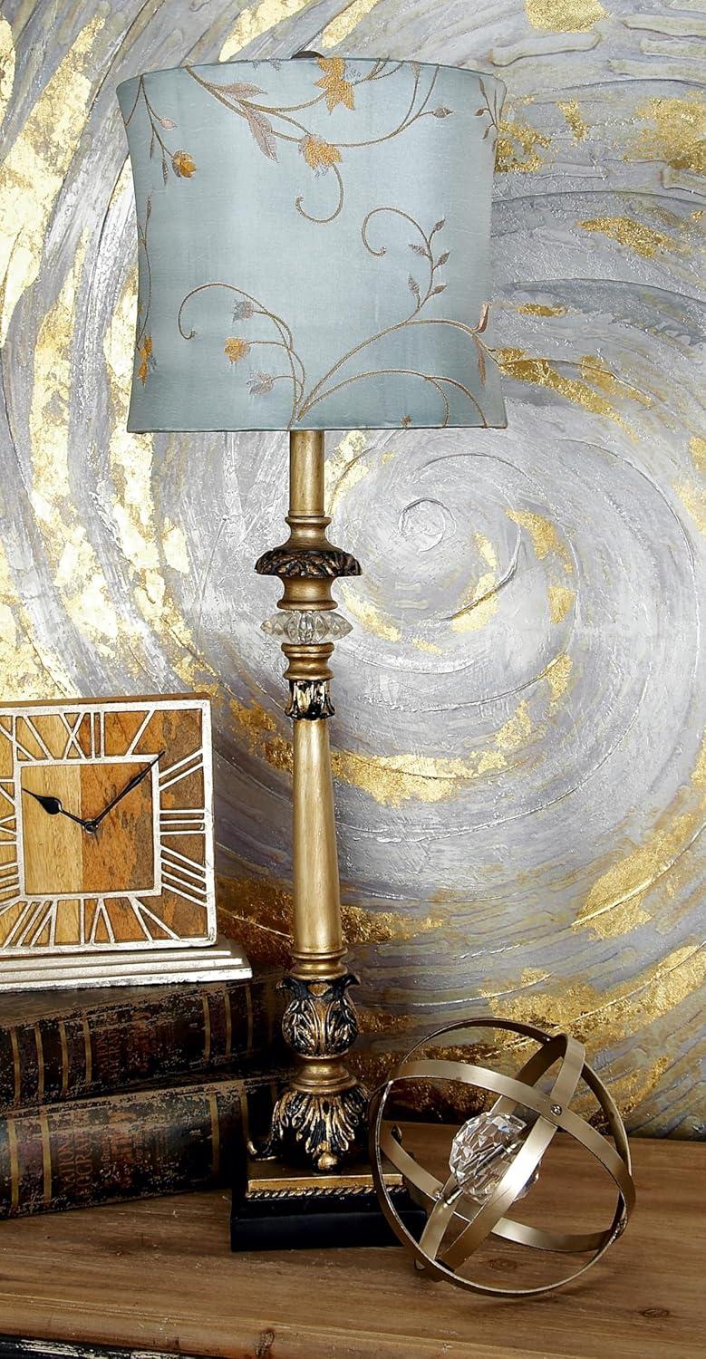DecMode Antique Style Floral Gold Buffet Lamp with Blue Fabric Shade (2 Count)