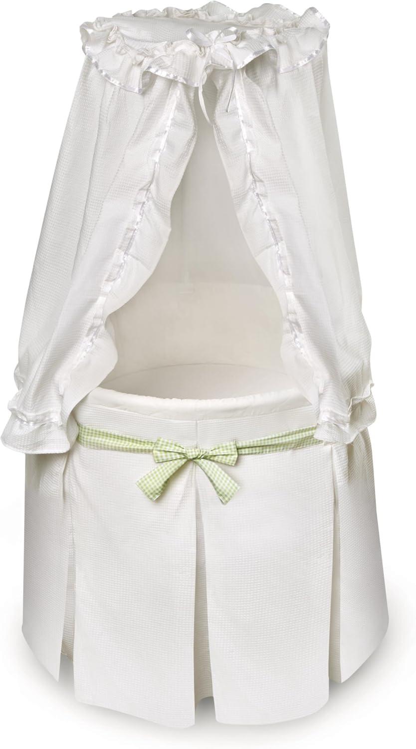 Badger Basket Empress Round Baby Bassinet with Canopy - White Bedding with Gingham Belts