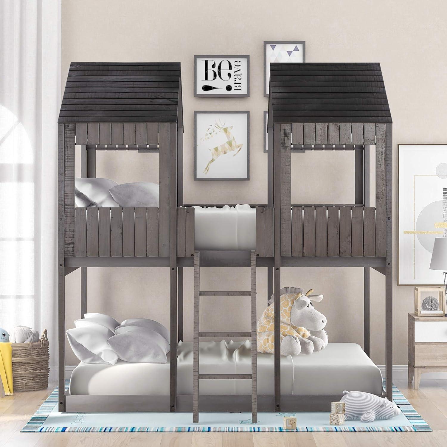 Harper & Bright Designs House Bed Bunk Beds Full Over Full Size,Wood Bunk Beds with Roof and Guard Rail for Kids,Toddlers,No Box Spring Needed,Antique Grey