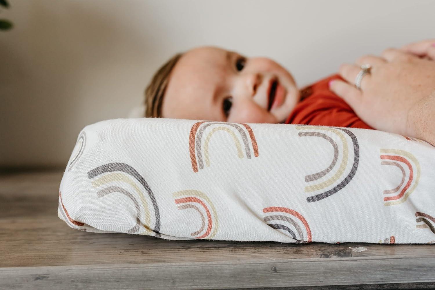 Soft White Knit Diaper Changing Pad Cover with Rainbow Design