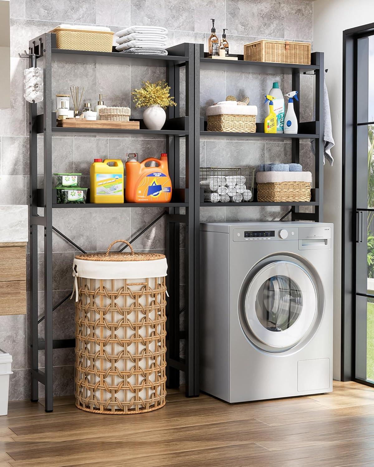 3-Tier Over The Toilet Storage, Space Saver Metal Bathroom Shelves, Freestanding Above Over Toilet Storage Shelf With 4 Hooks For Bathroom, Black