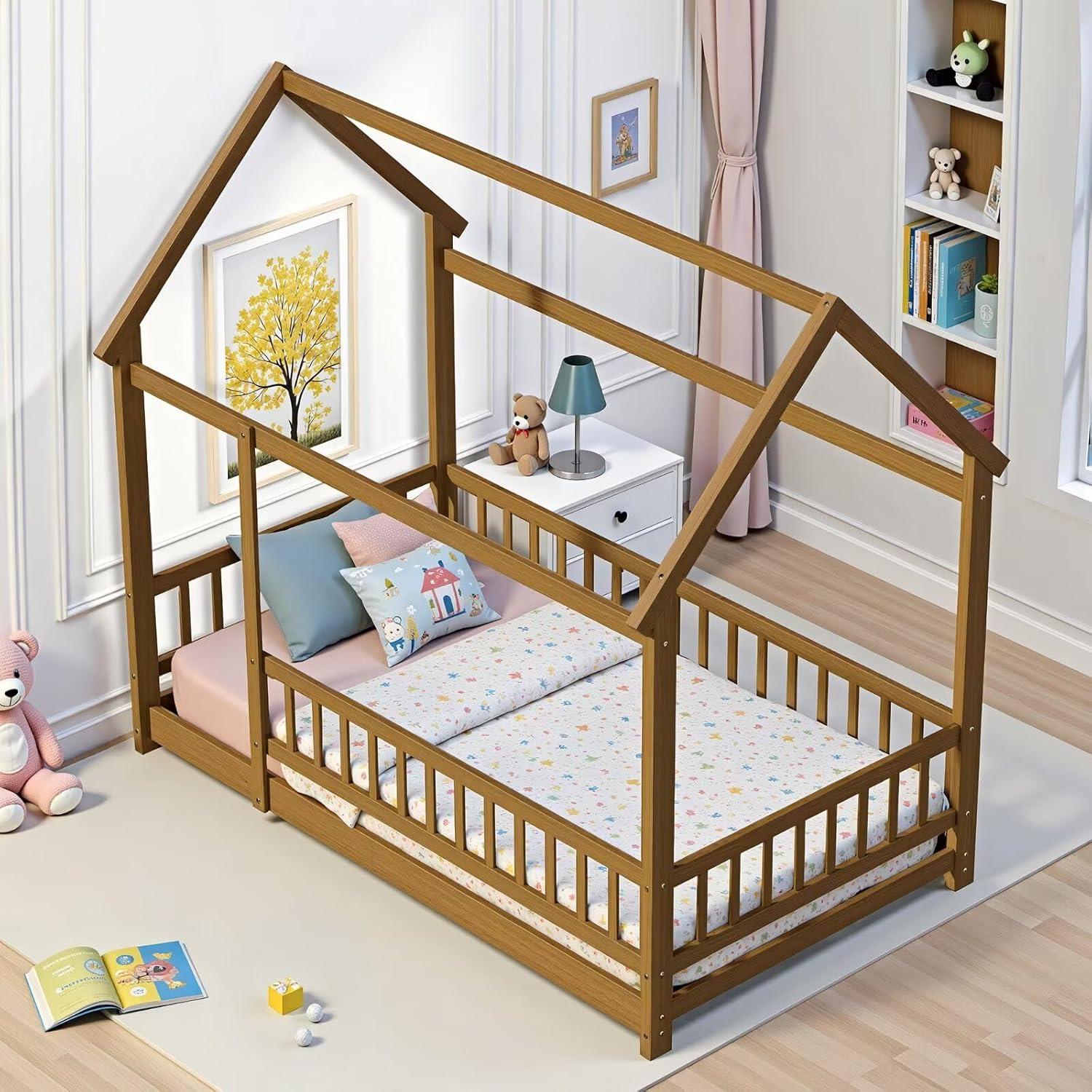 Twin Floor Bed for Kids, Wooden House Bed Frame with Roof, Fence Guardrails, Montessori Bed for Toddlers Girls Boys, Gray
