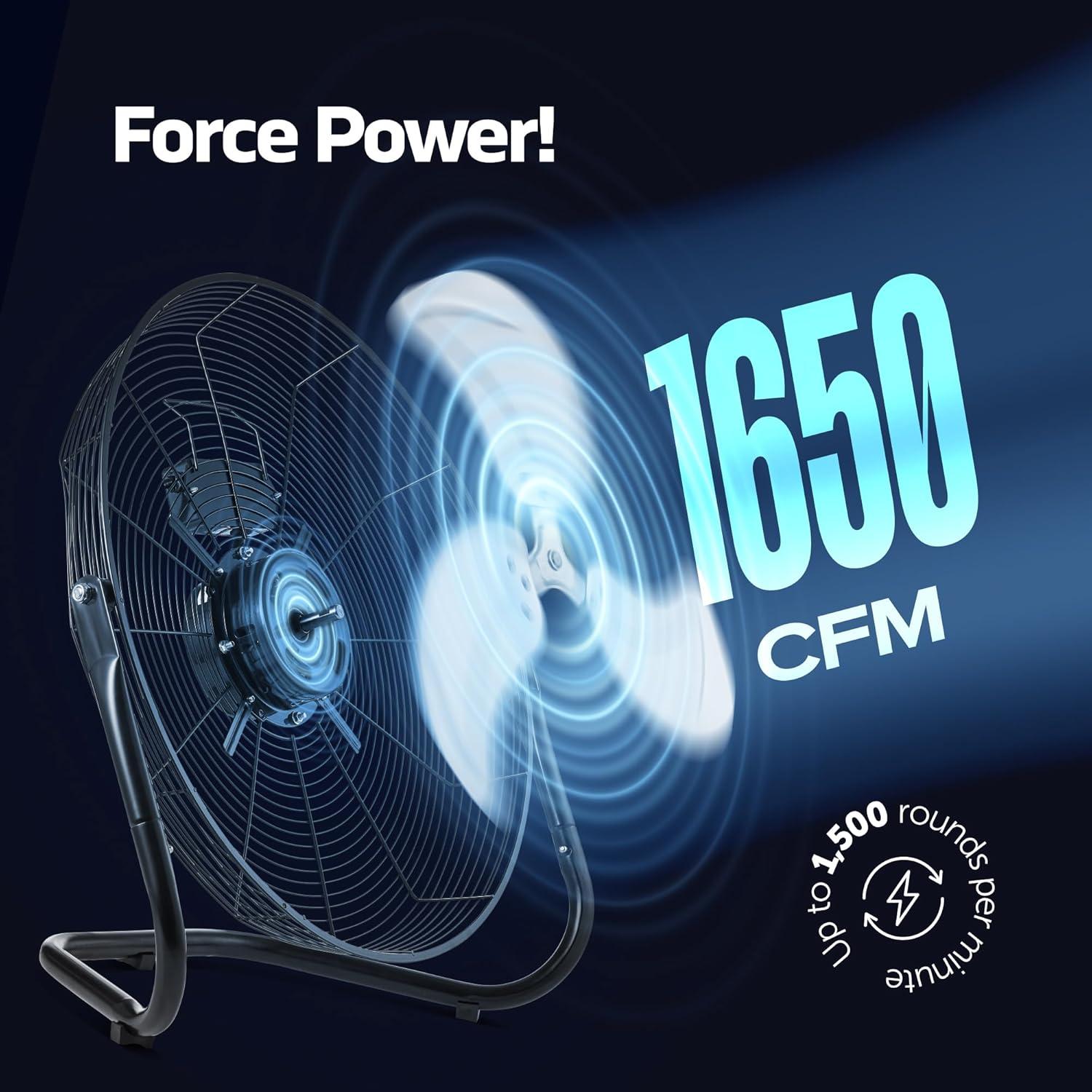 3-Speed 12 In High-Velocity Heavy Duty Metal Industrial Floor Fan, 1650 CFM Powerful cooling fan for office, Commercial, Residential, and Greenhouse Use, with 180° Adjustable Vertical Tilt