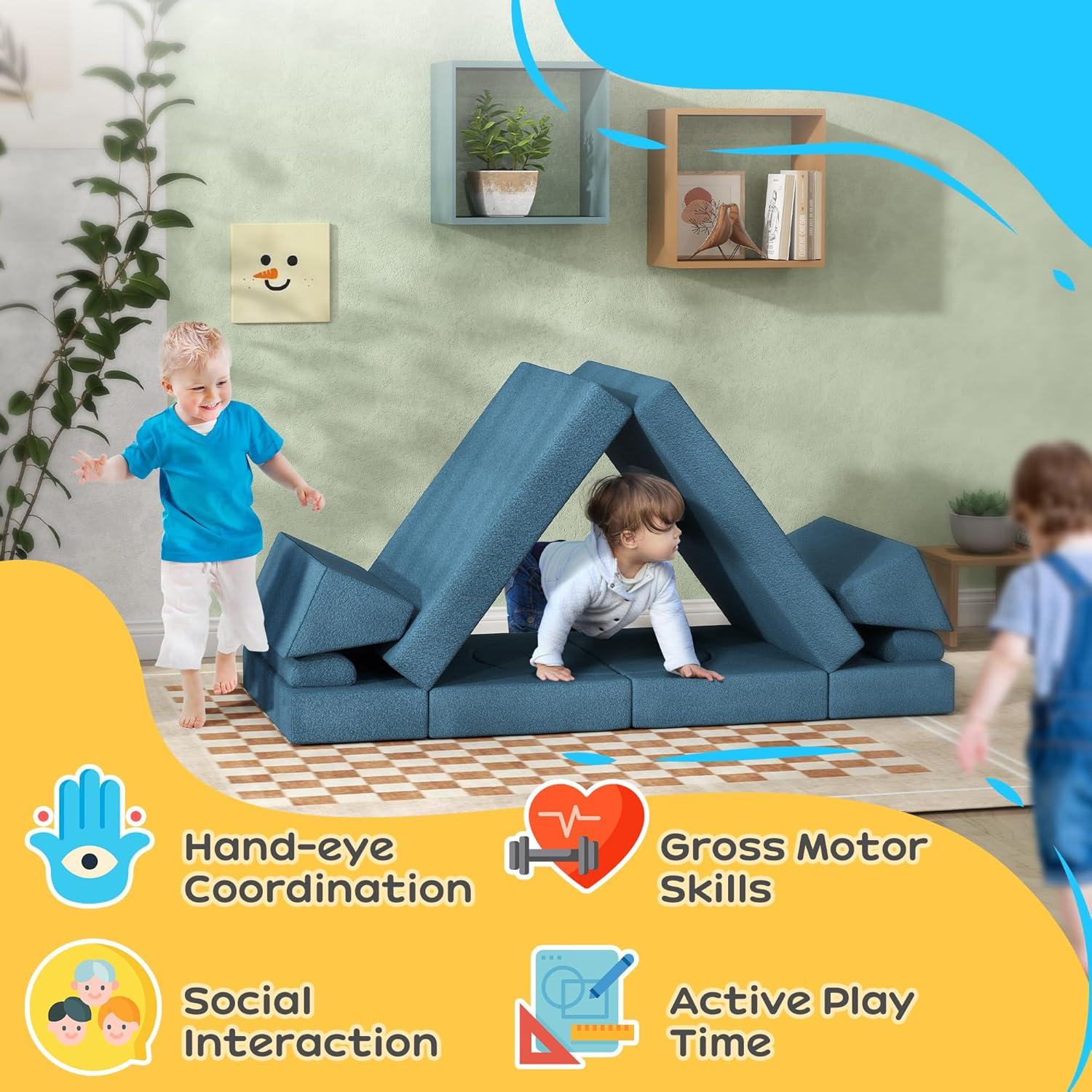 Qaba 12 Pieces Foam Climbing Blocks, Climbing Toys for Toddlers, Indoor Climb and Crawl Activity Playset for Boys and Girls, Blue