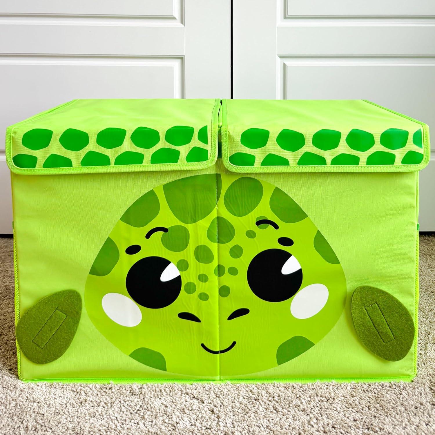 Green Turtle Fabric Collapsible Toy Storage Box with Flip-Top Lids