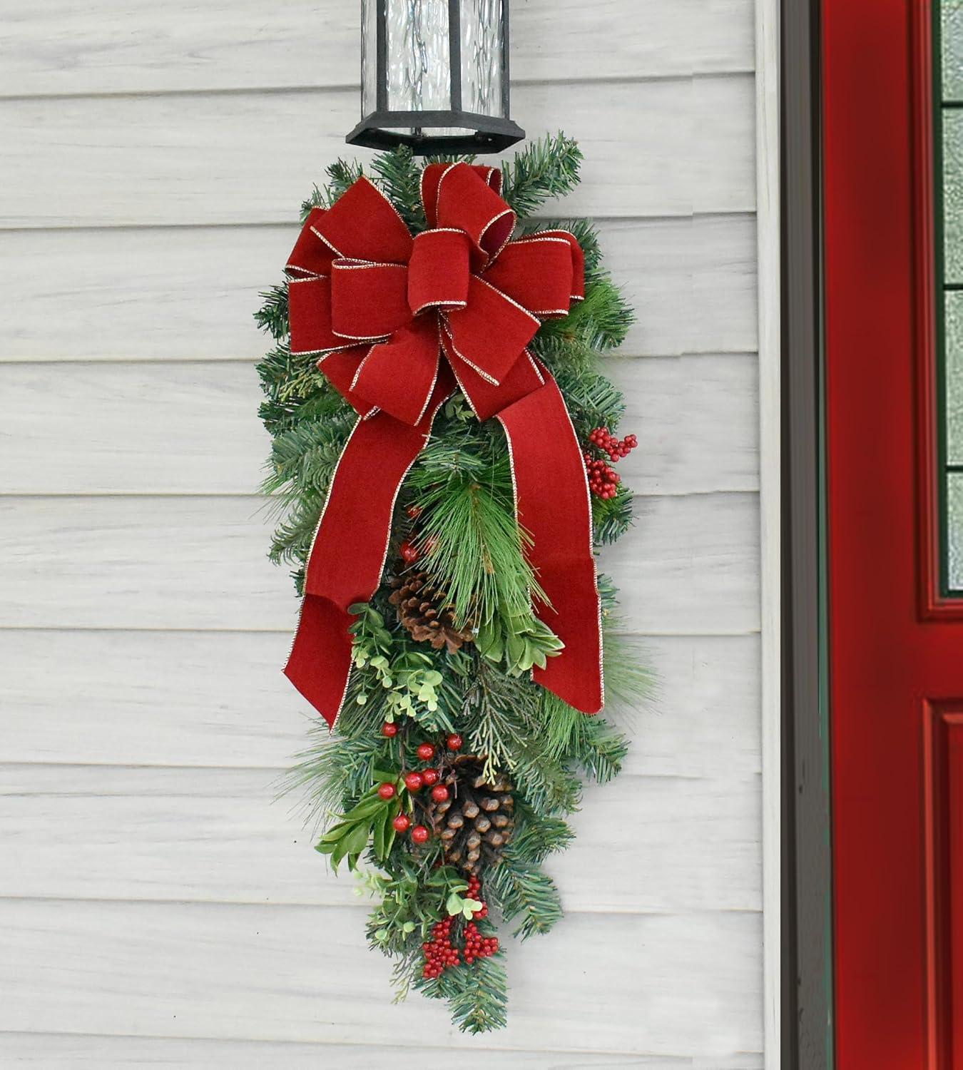 Holiday Pine Door Swag with Red Velvet Ribbon