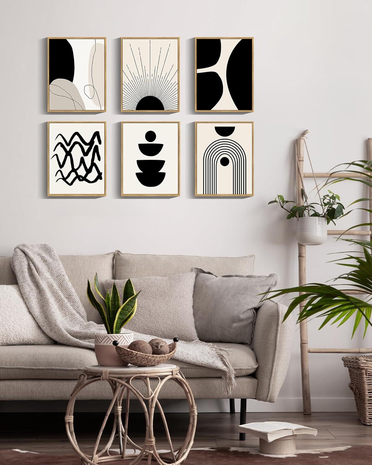 Boho Black and Beige Abstract Canvas Art Set with Natural Frames