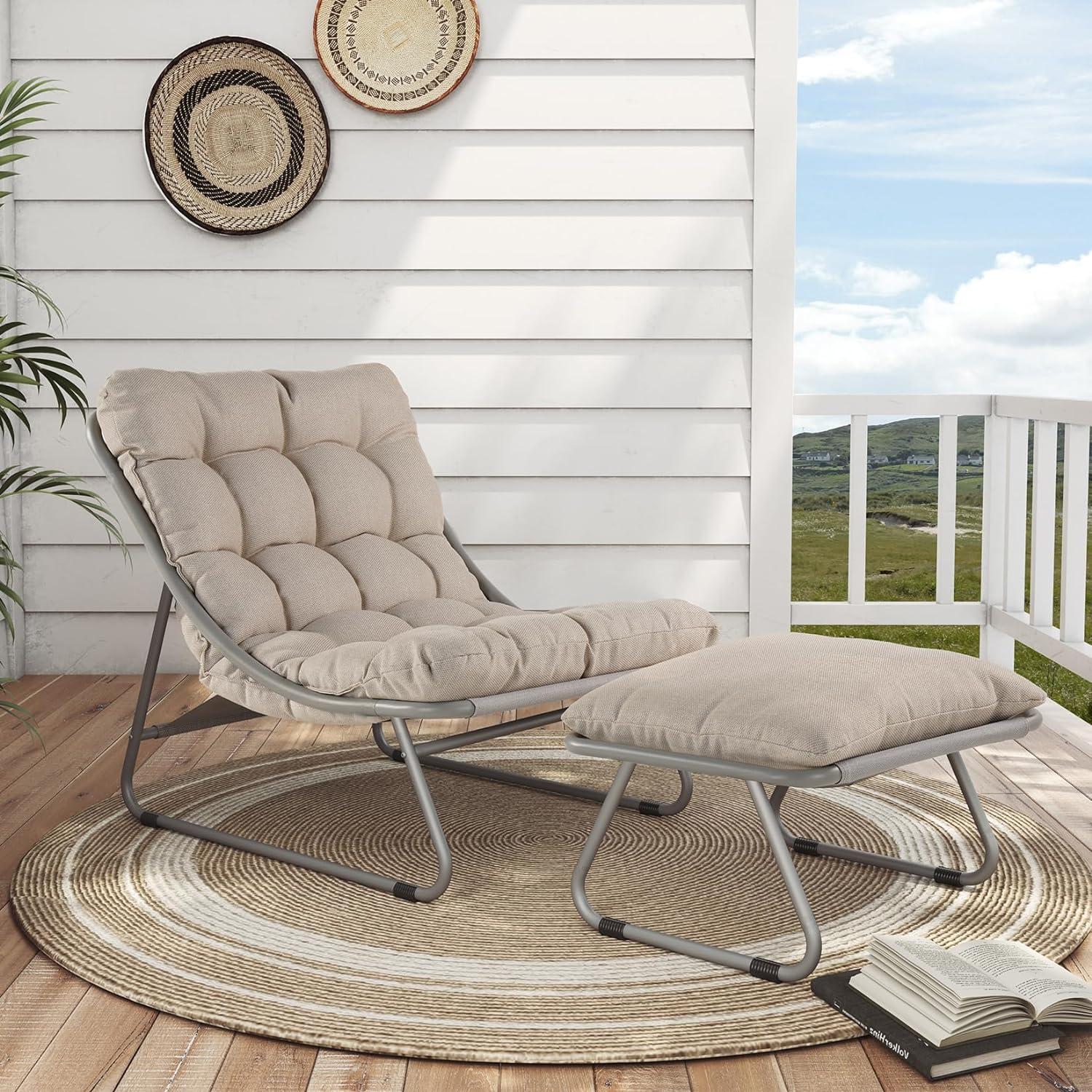 Grand Patio Outdoor Lounge Chair with Ottoman, Comfy Sling Recliner Chair with Puffy Cushion, Samba Modern Steel Patio Furniture Set for Porch Deck Garden Living Room, Champagne Gray