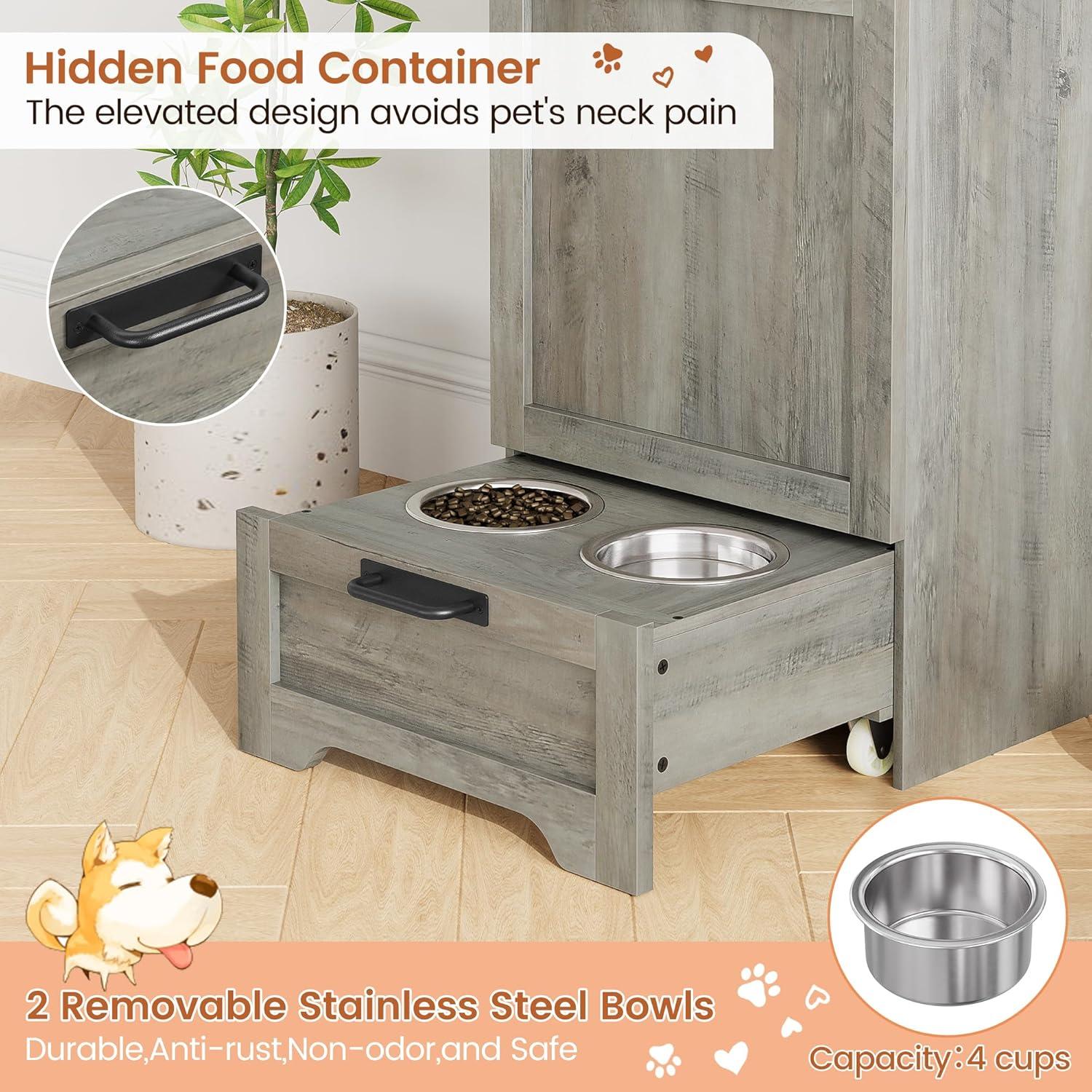 gaomon Dog Feeding Station with Storage Cabinet, 2 Elevated Dog Bowls, Filp Top Dog Food Storage Cabinet Container