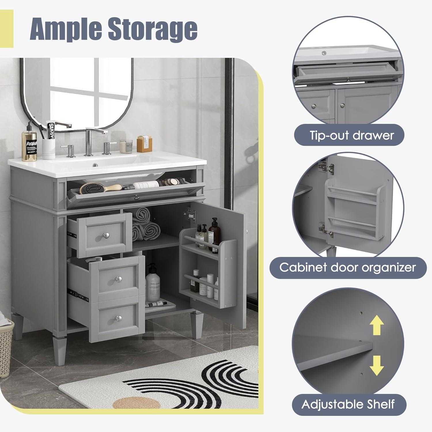 Linique 30" Bathroom Vanity with Sink Combo Set, Solid Wood Frame Modern Bathroom Storage Cabinet with 2 Drawers and a Tip-Out Drawer, Soft Closing Cabinet Door with Organizer, Grey