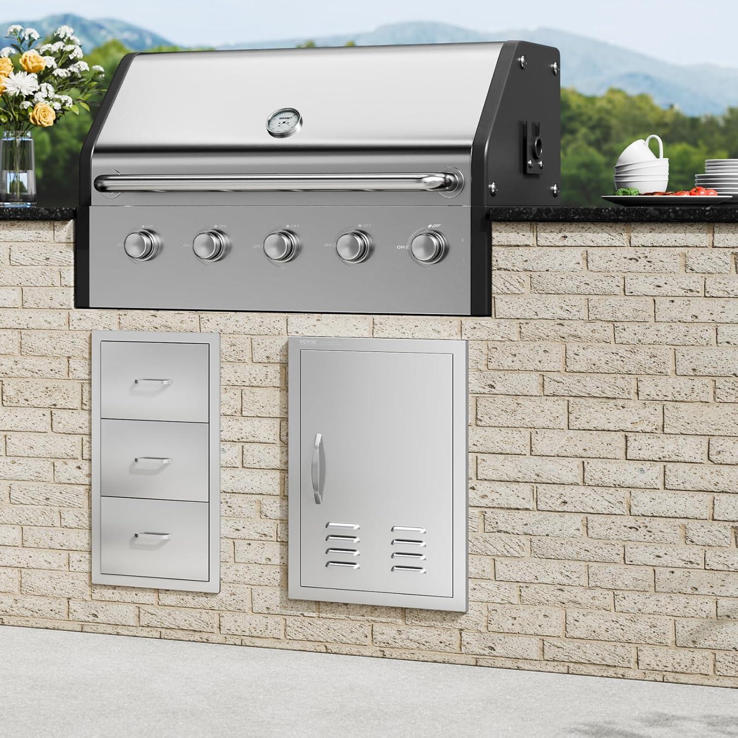 VEVOR Outdoor BBQ Kitchen Door - 14W x 20H Inch Stainless Steel Flush Mount Vertical Wall Door with Handle for Island, Grilling Station