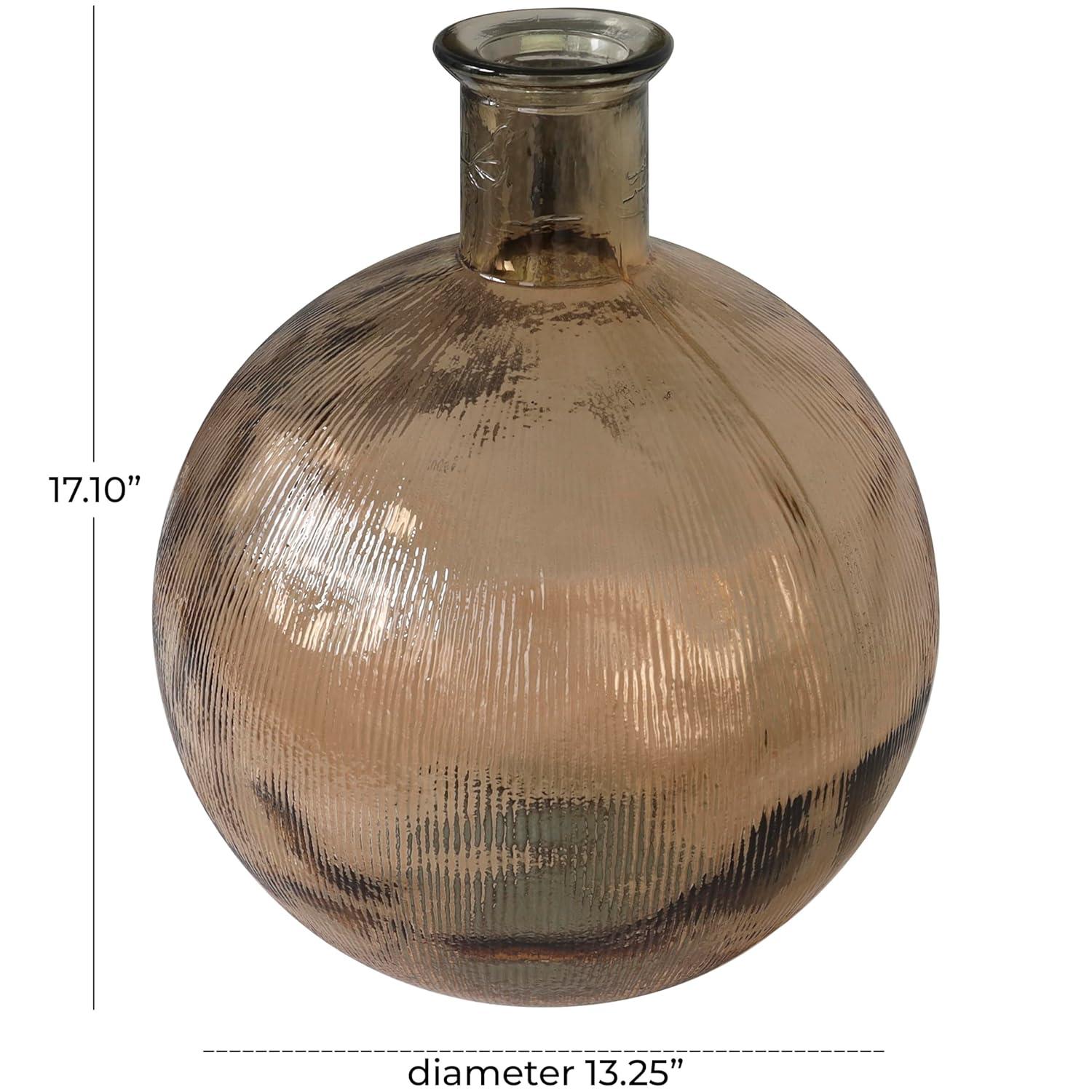 Deco 79 Recycled Glass Handmade Decorative Vase Spanish Bottle Neck Ribbed Centerpiece Vase, Flower Vase for Home Decoration 13" x 13" x 17", Brown