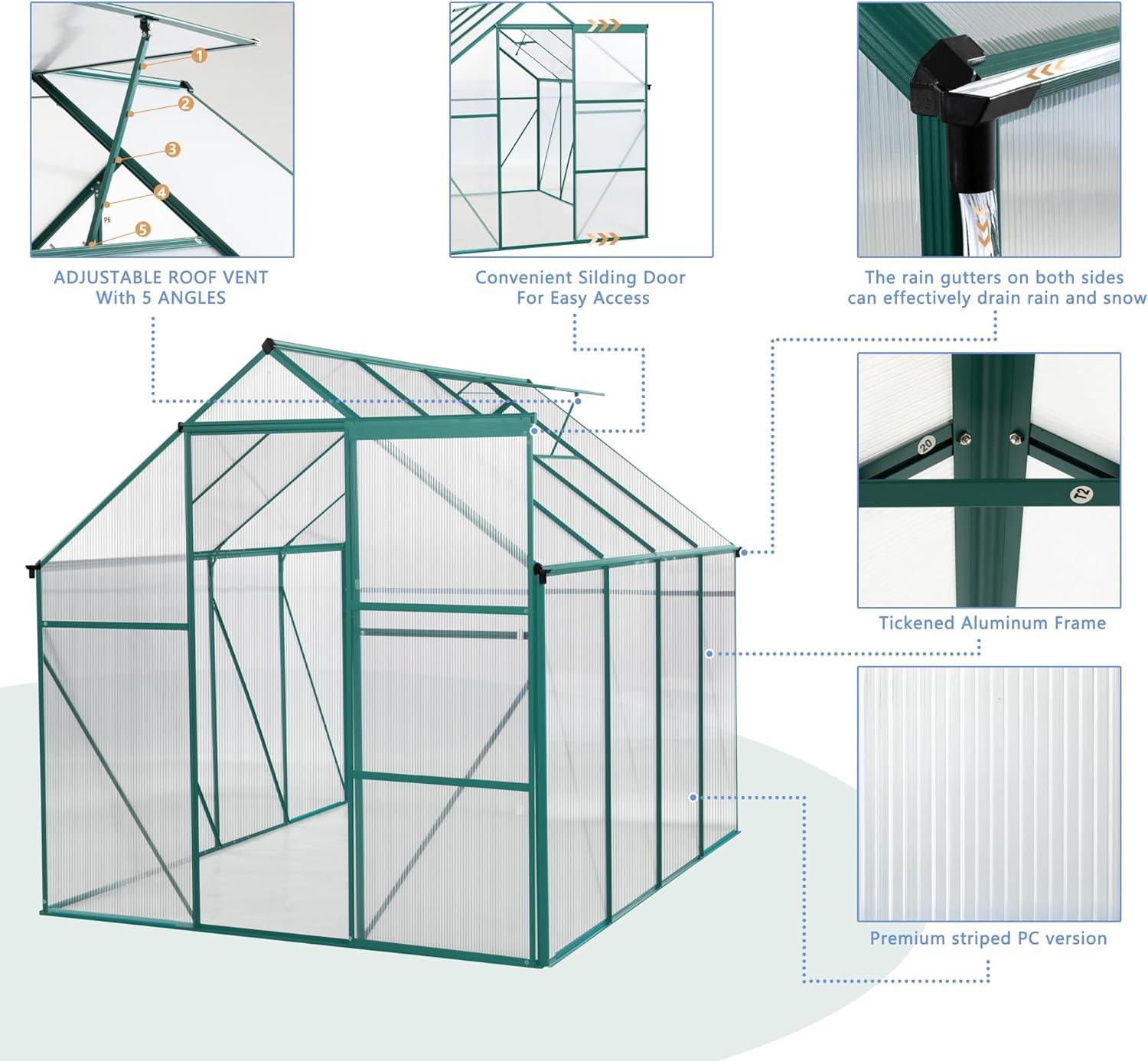 Historyli Go5H 6x8 FT Polycarbonate Greenhouse With Sliding Door Adjustable Roof Aluminum Walk-in Greenhouses For Outdoor Patio Backyard