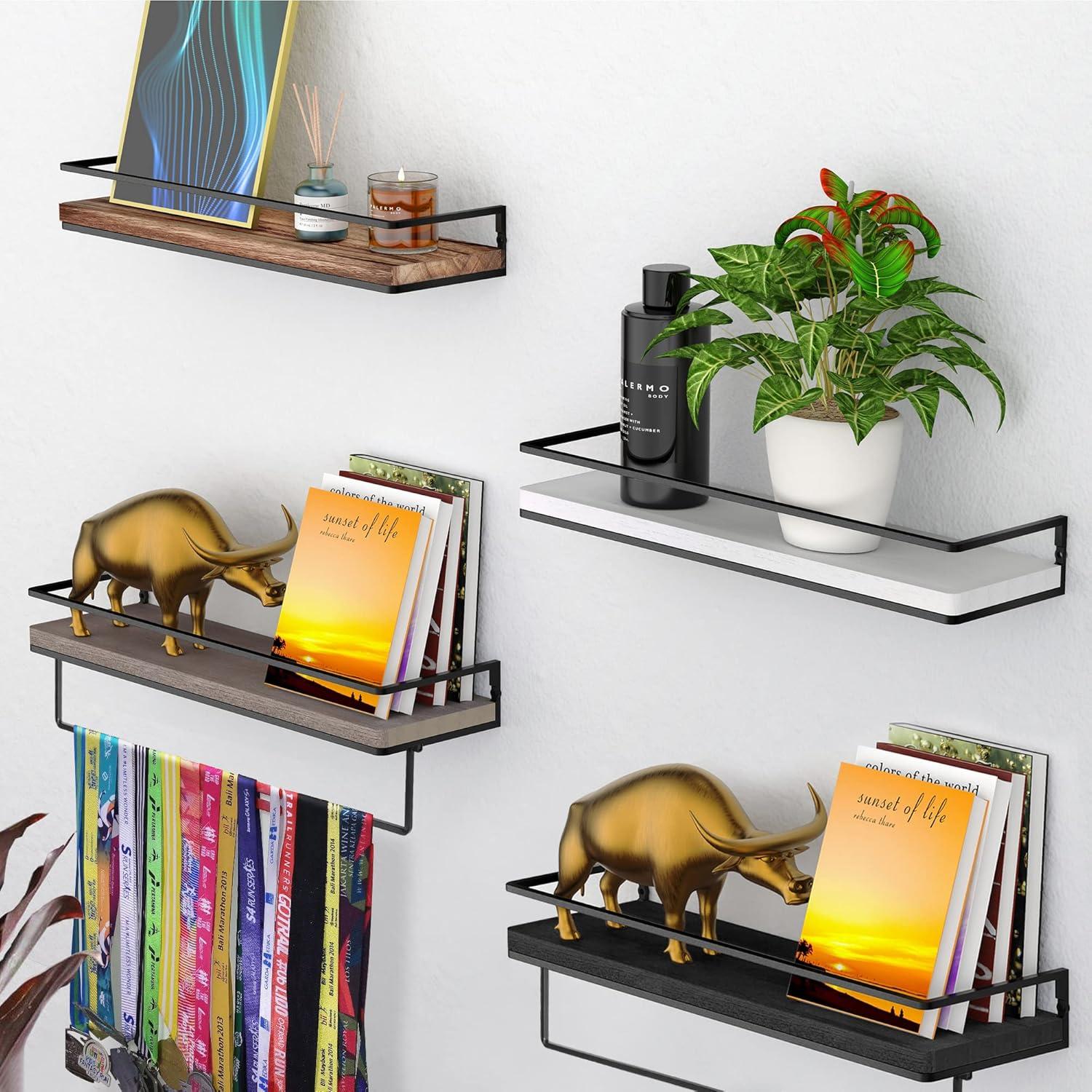 Floating Shelves Wall Mounted Set Of 2, Rustic Wood Wall Storage Shelves For Bedroom,Living Room,Bathroom, Kitchen