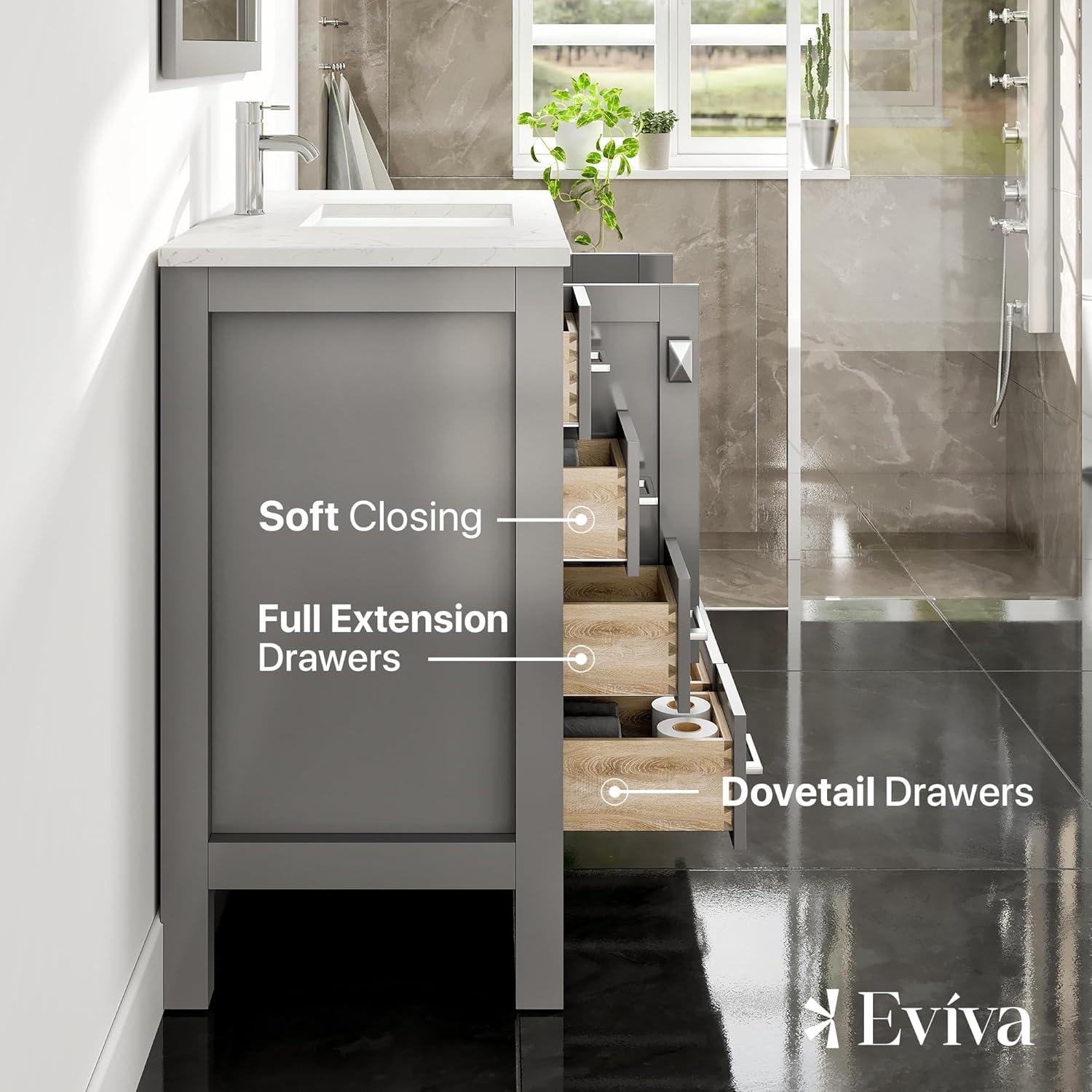 Eviva Hampton 36" Gray Transitional Bathroom Vanity w/ White Carrara Top