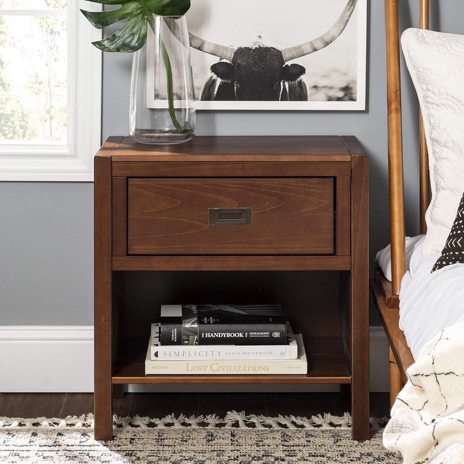 Mid-Century Chic Walnut Solid Wood Nightstand with Metal Handle