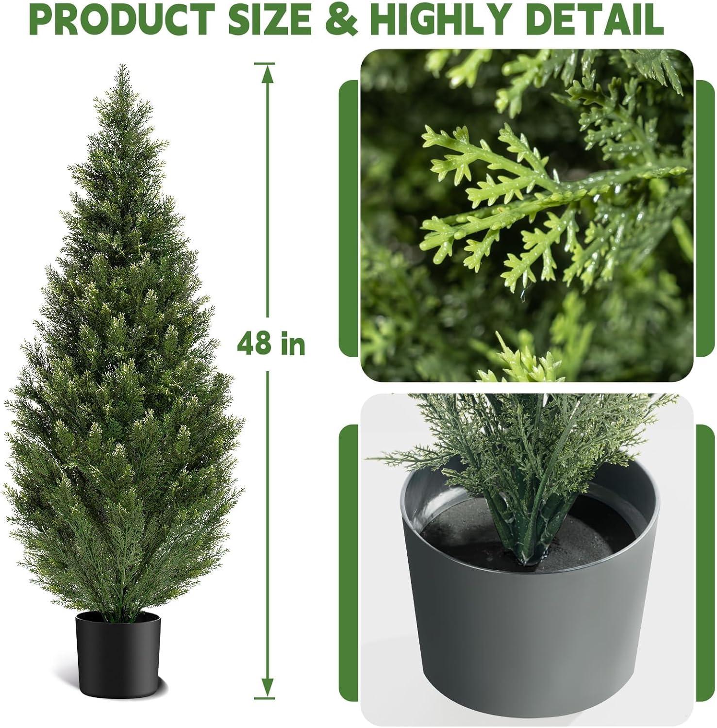 Artificial Cedar Tree 2 Pack 4 ft Outdoor Artificial Topiary Cedar Plants Fake Tree UV Rated Potted Tree for Perfect Housewarming Gift, Set of 2