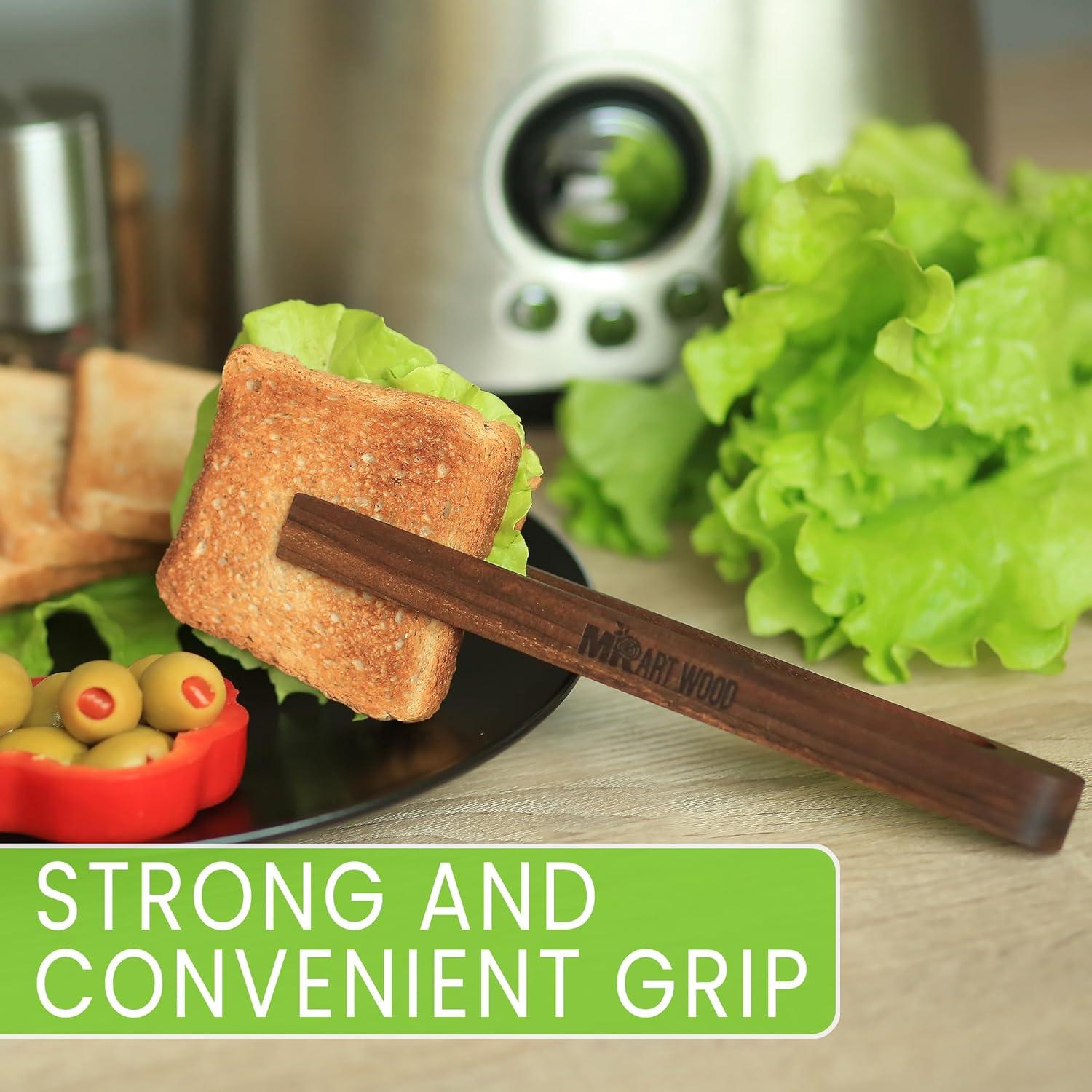 Magnetic Walnut Wooden Toaster Tongs | 8.7-Inch Kitchen Tongs for Cooking, Bread, Bacon, Bagels, and Muffins | Non-Toxic Design, A Durable Alternative to Bamboo, Perfect for Toaster, BBQ, and Grilling