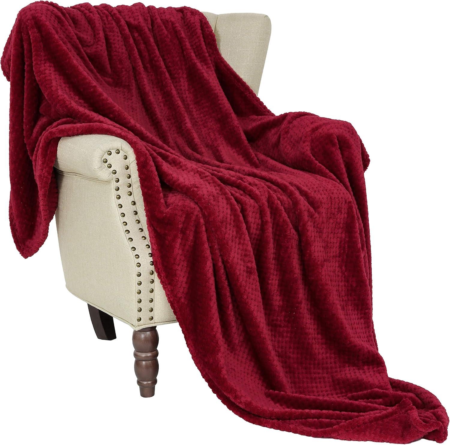 Exclusivo Mezcla Waffle Textured Extra Large Fleece Blanket, Super Soft and Warm Throw Blanket for Couch, Sofa and Bed (Burgundy, 50"x70")-Cozy, Fuzzy and Lightweight