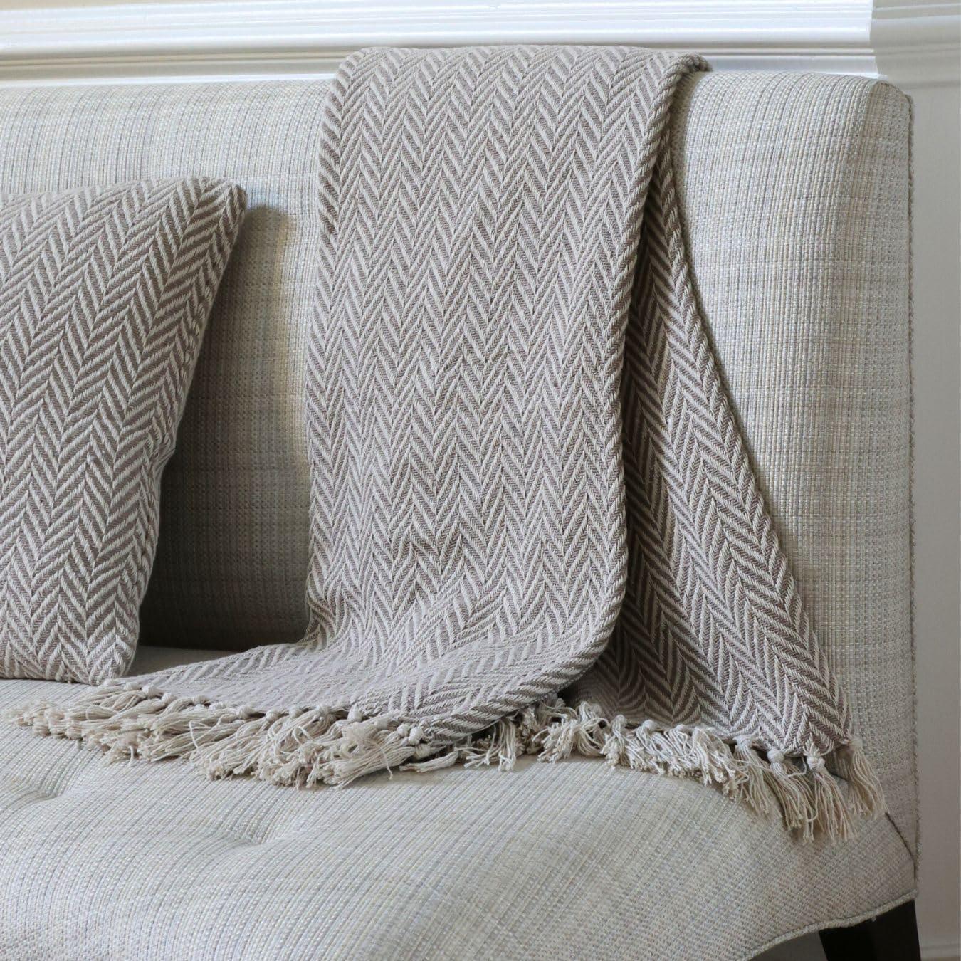 Elegant Gray and Blue Knitted Herringbone Throw Blanket