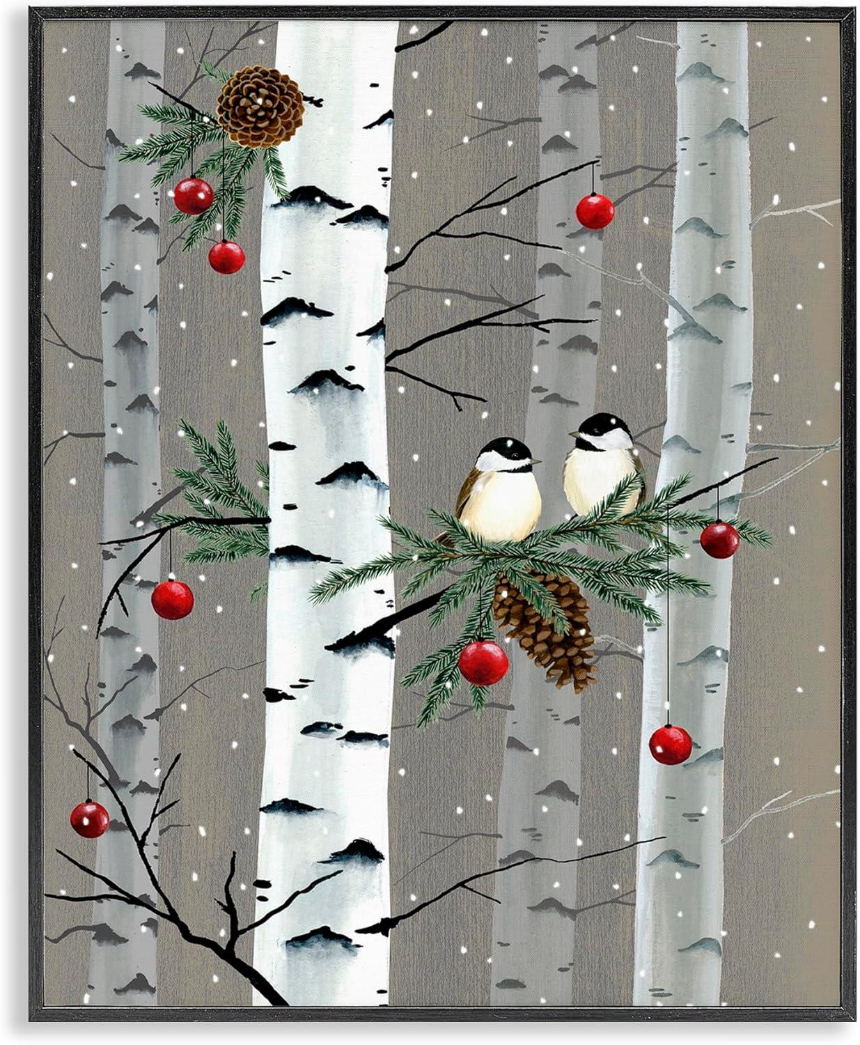 Holiday Birds and Ornaments Birch Tree Forest Framed Wall Art