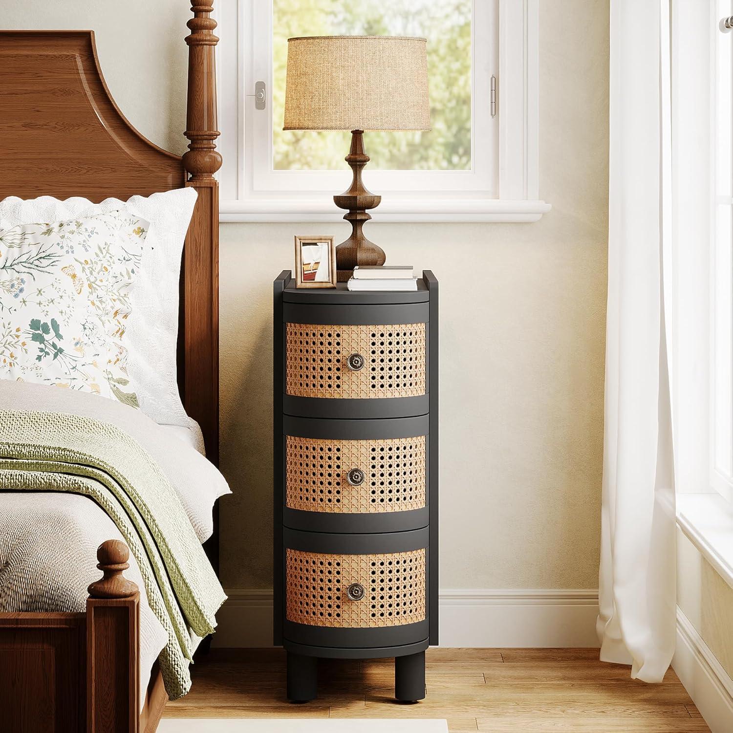 Canddidliike Wood End Table, 3-Drawer Side Table NightStand with 3 Rattan Drawers, End Table for Bedroom, Black
