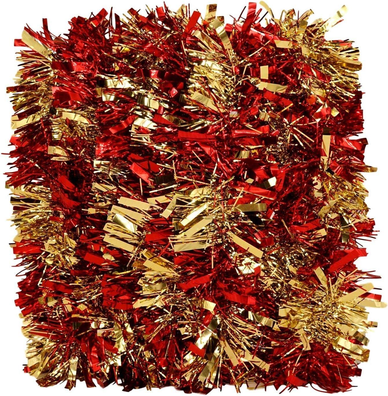 Tinsel Garland Metallic (2 Pack, 15 ft ea) Holiday Streamers Christmas Tree Decoration, Big and Thin Strands (Red Gold)