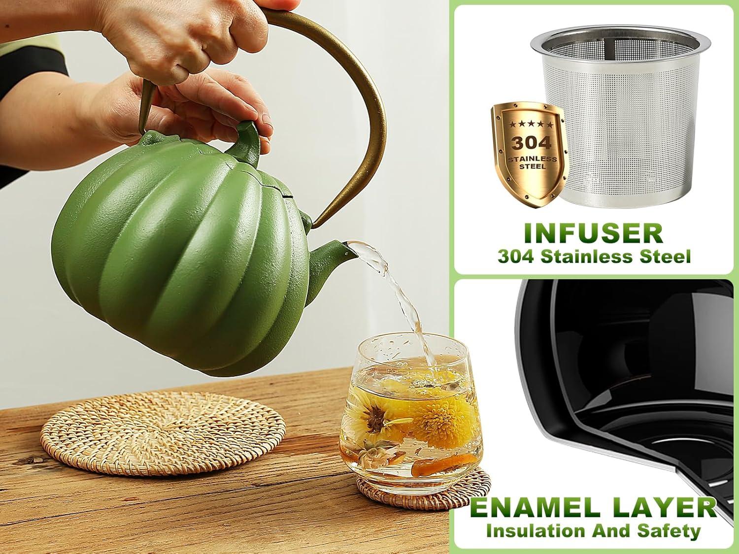 Ophelia & Co. Orange Pumpkin Cast Iron Teapot, Natural Pumpkin Color, Japanese Cast Iron Tea Kettle Stovetop Safe With Infuser, Creative Pumpkin Halloween Teapot(40Oz/1200Ml, Orange)