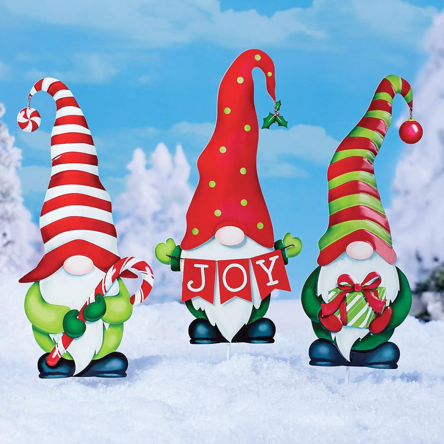 Collections Etc Holiday Garden Gnomes Metal Stakes - Set of 3