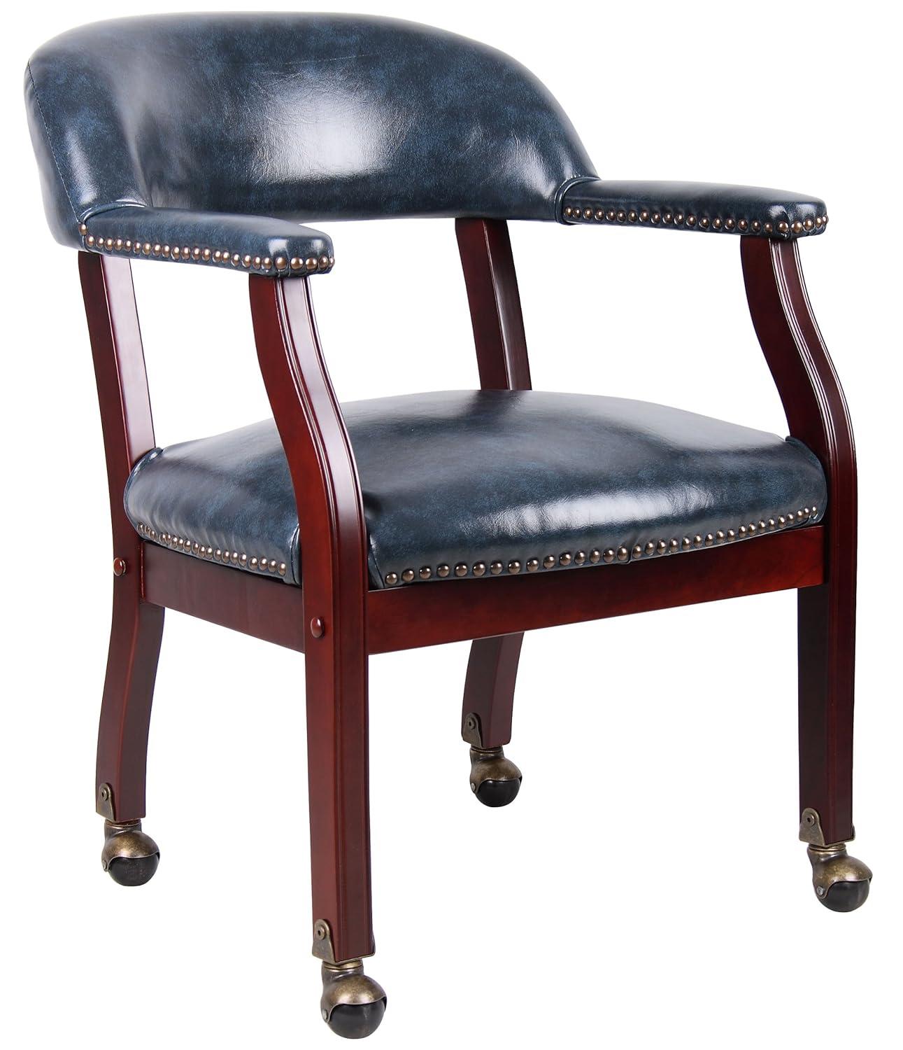 Captain's Chair with Casters Blue - Boss Office Products: Vinyl Upholstery, Fixed Height, Nailhead Trim