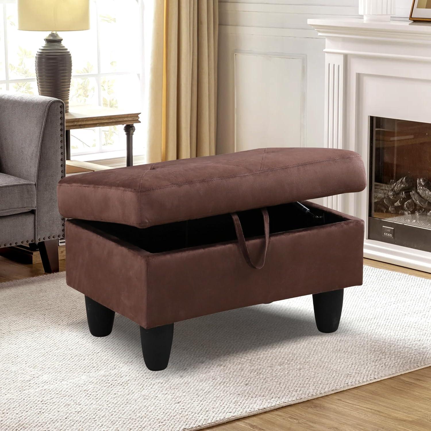 Chocolate Flannel Upholstered Storage Ottoman Bench with Legs