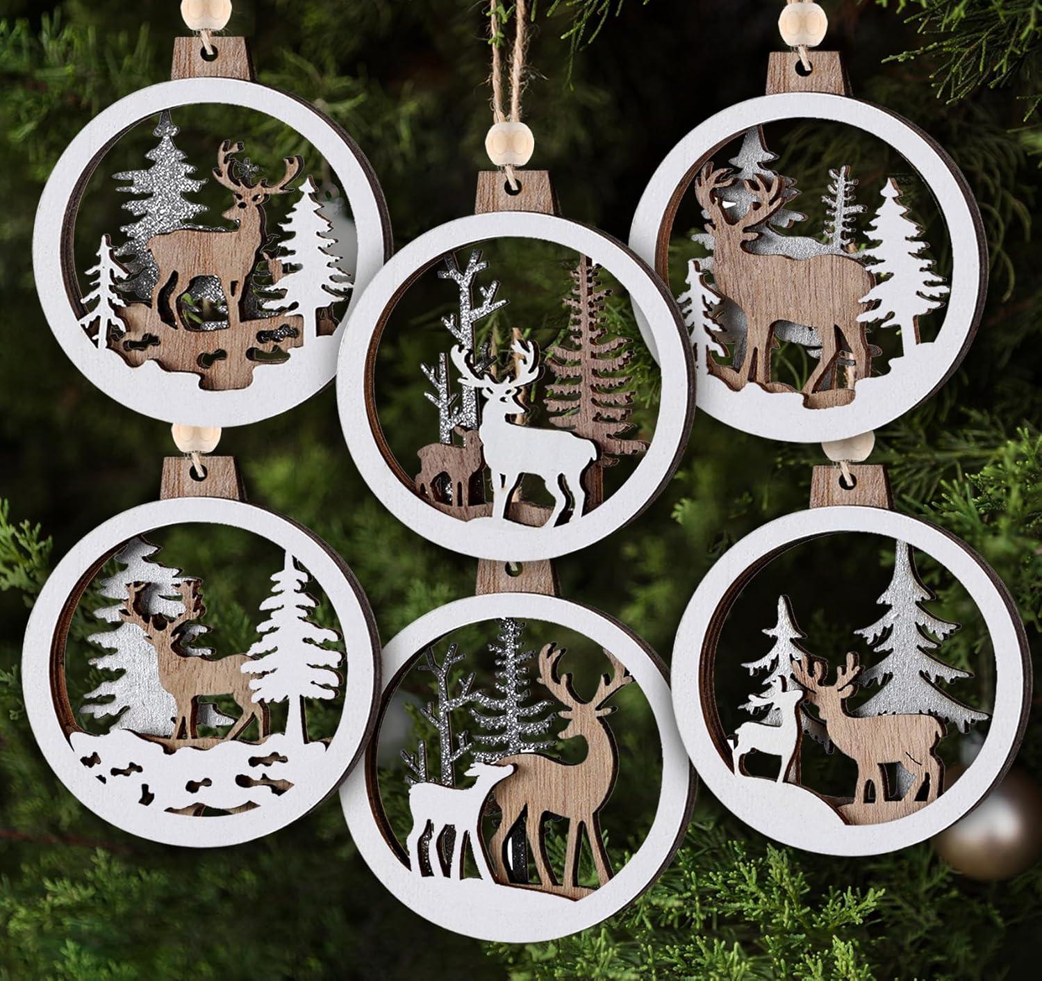 JOYFY 6pcs Christmas Hanging Ornaments Xmas Wooden Hanging Reindeer Ornament for Christmas Tree