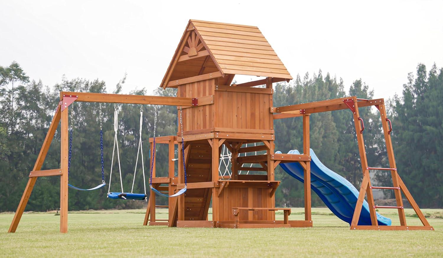 Dolphin Playground Dolphin Playground Luxury Cedar Playground Set: Double Wave Slide, 2-in-1 Table, Monkey Bars, Balance Beam, 3 Swings, Large Rock Wall, Wood Roof