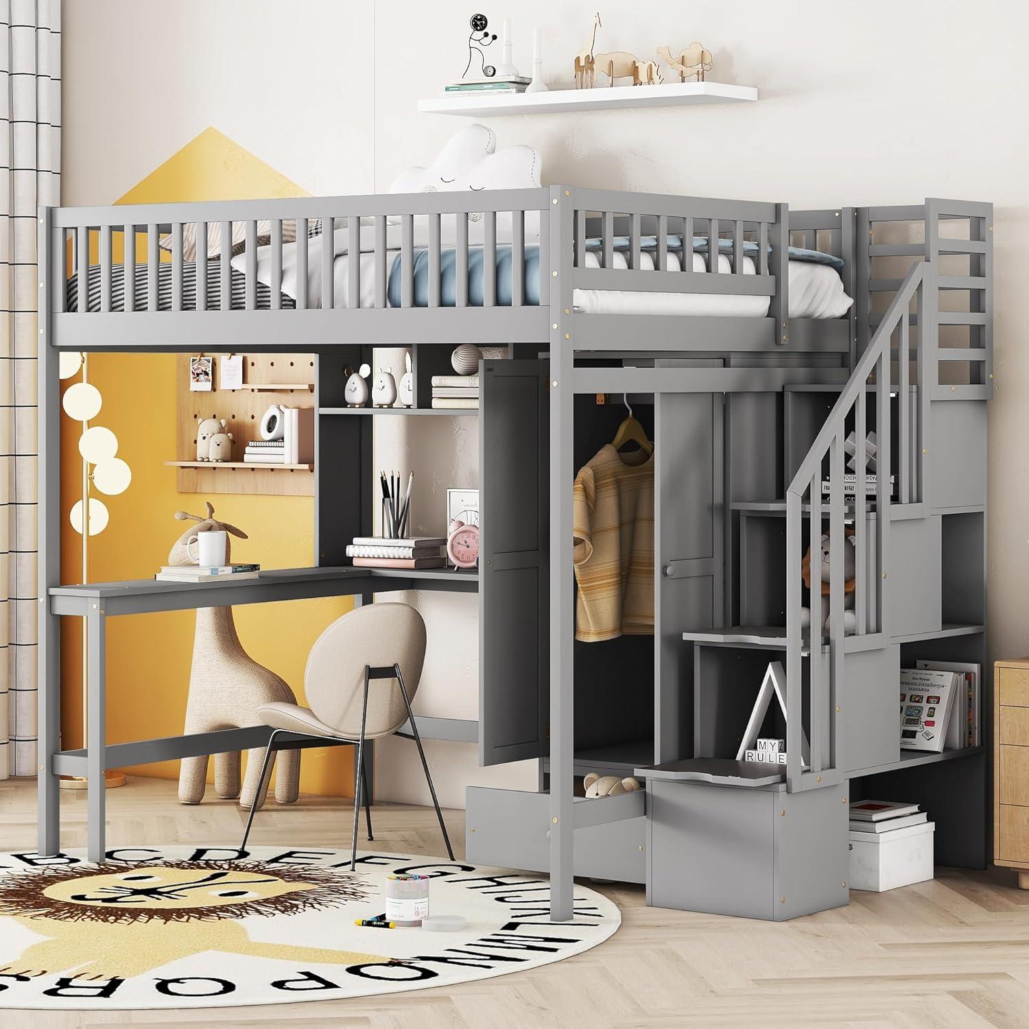 Bellemave Full Size Loft Bed with Stairs and Wardrobe, Wood Loft Beds Frame with Desk and Storage Drawers, Stairway Loft Bed for Kids, Teens & Adults（Gray）