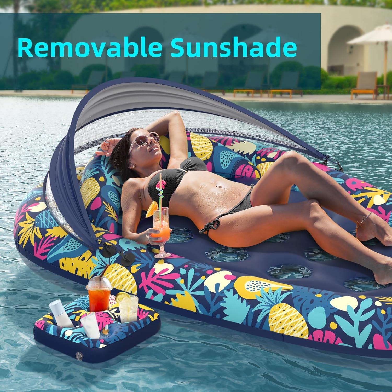 3-in-1 Pool Floats with Canopy Cup Holder, XL Large 73" x 48" Inflatable Pool Floats for Adults Lounger Raft Floating Chair for Swimming Pool Lake Water Lounge Float Beach Pool Party Toys