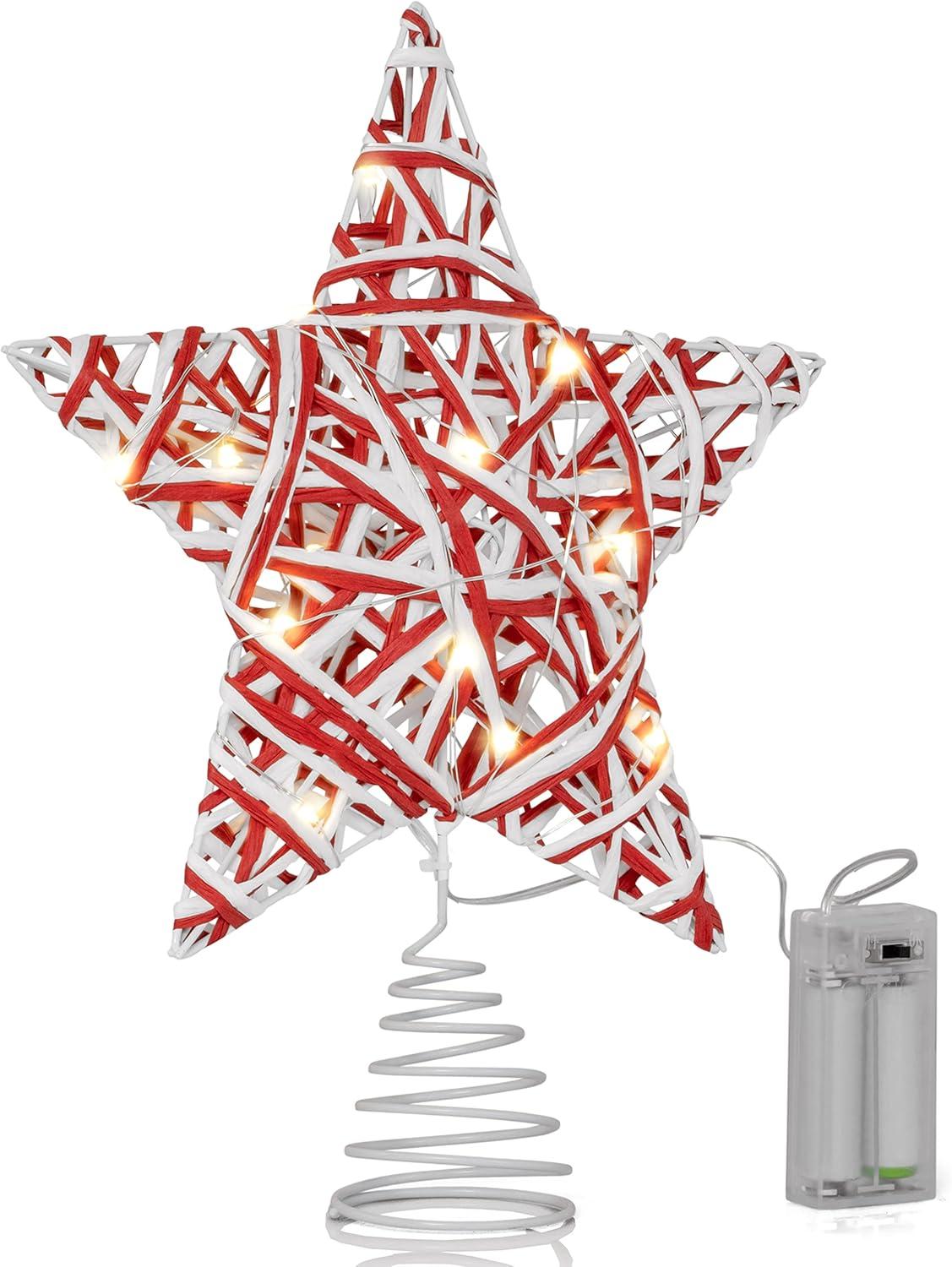 Red and White Rattan Star Tree Topper with LED Lights