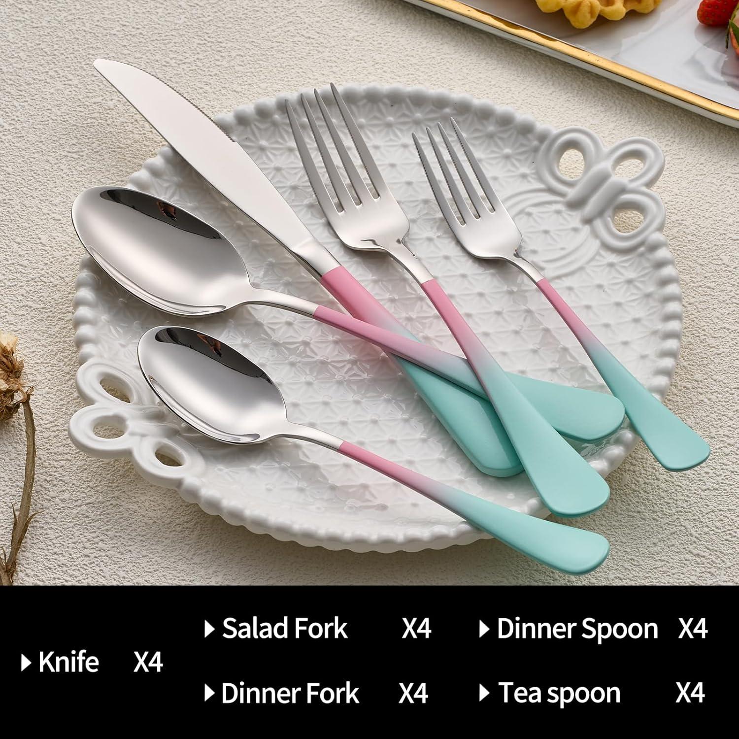 20-Pieces color Silverware Sets for 4,Pink and Green Handle Stainless Steel Cutlery Set, Include Forks Spoons and Knives Set, Dishwasher Safe Utensil Sets for Home Restaurant