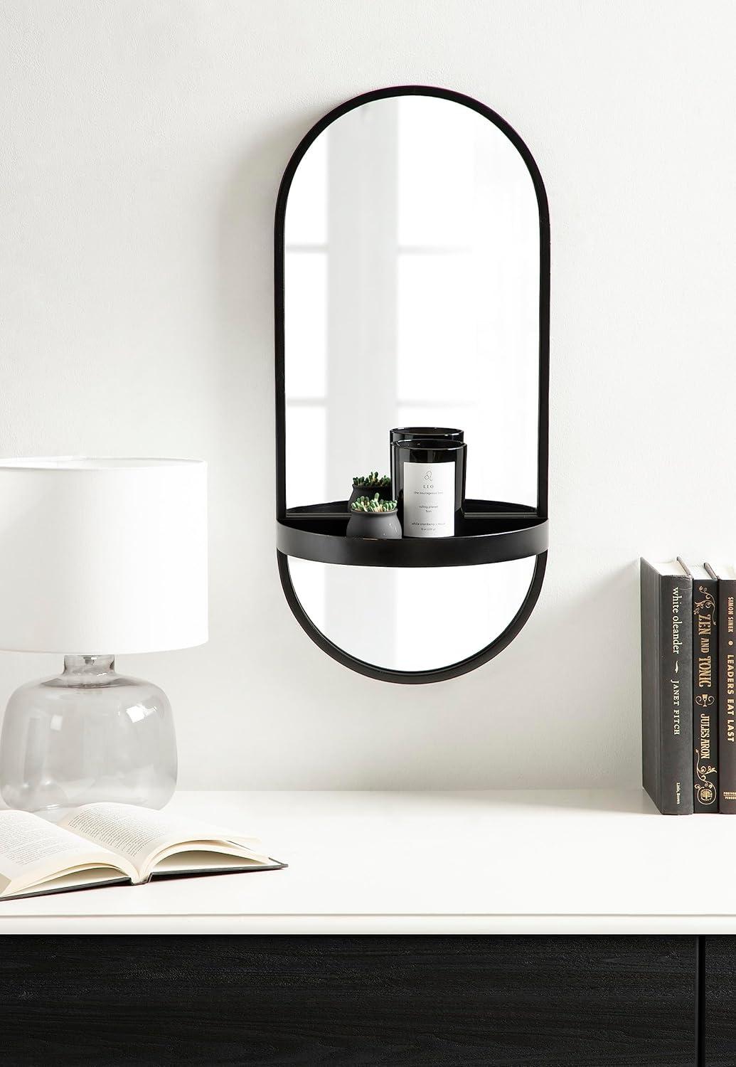 11"x25" Estero KD Metal Wall Mirror with Shelf Black - Kate & Laurel All Things Decor: Oval, Mid-Century Modern