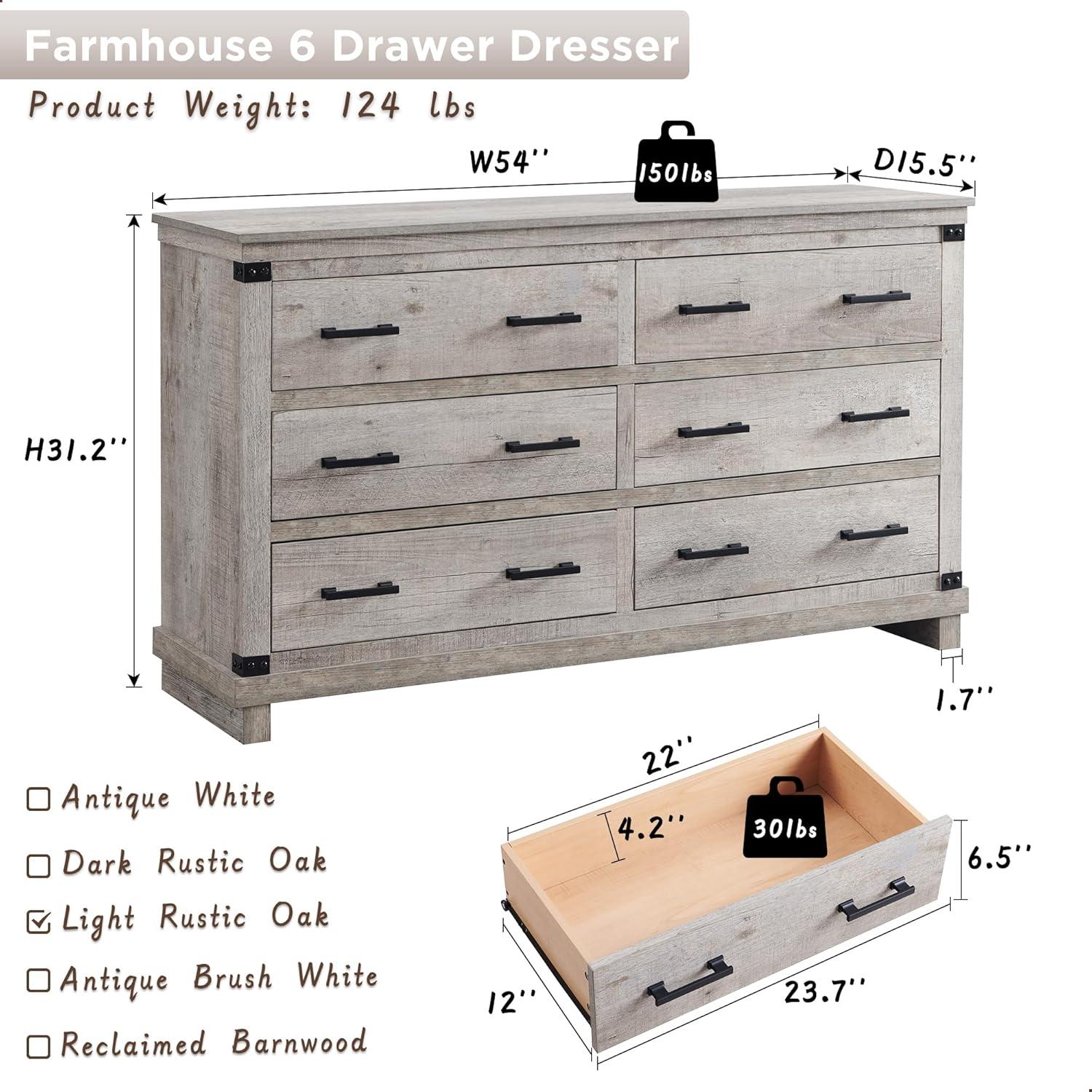 Farmhouse 6 Drawers Dresser, Large Wood Chest of Drawers with Handle for Bedroom, Living Room, Light Rustic Oak