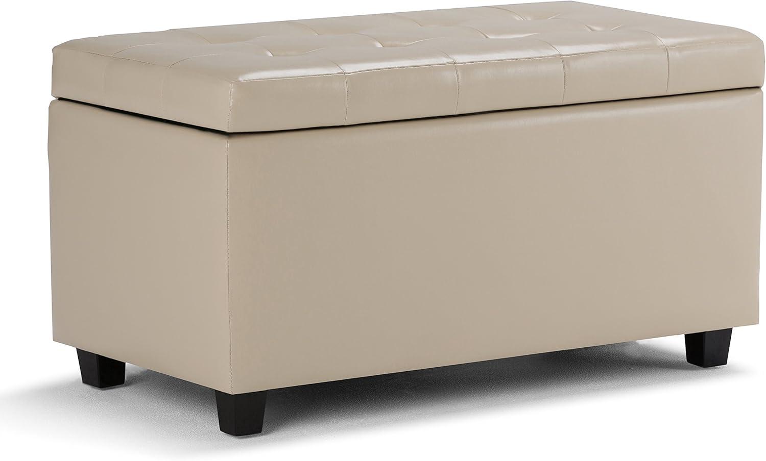 Simpli Home Cosmopolitan Storage Ottoman In Satin Cream Vegan Faux Leather