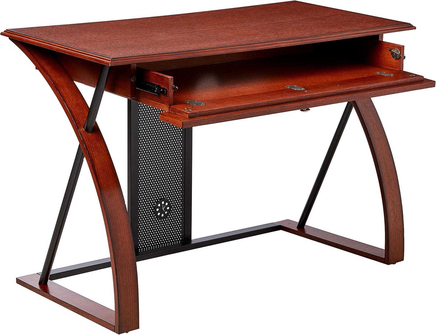 Medium Oak and Black Wood Workstation Desk with Keyboard Tray