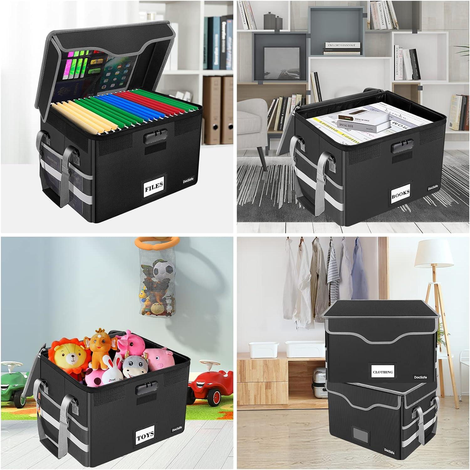 File Box Fireproof Document Box With Lock,File Storage Organizer Box With Insert Pockets,Collapsible Portable File Box Home Office File Cabinet For Hanging Letter/Legal Folders,Black,2 Pack