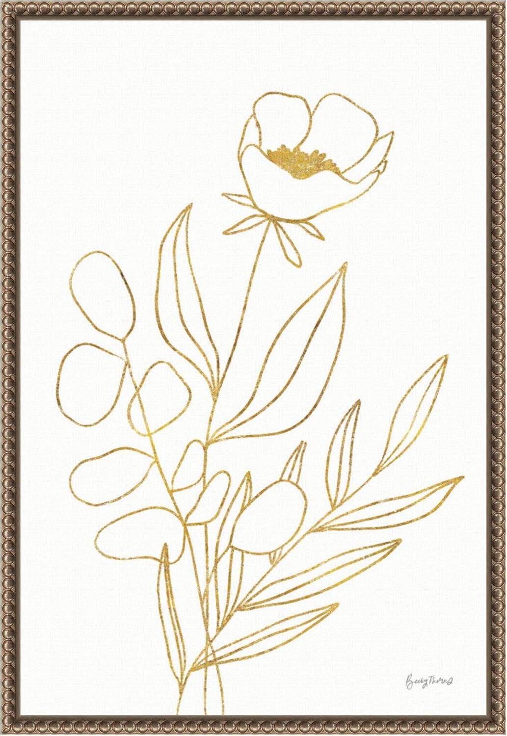 Gold Botanical Line Drawing Beaded Framed Canvas Art, 16x23