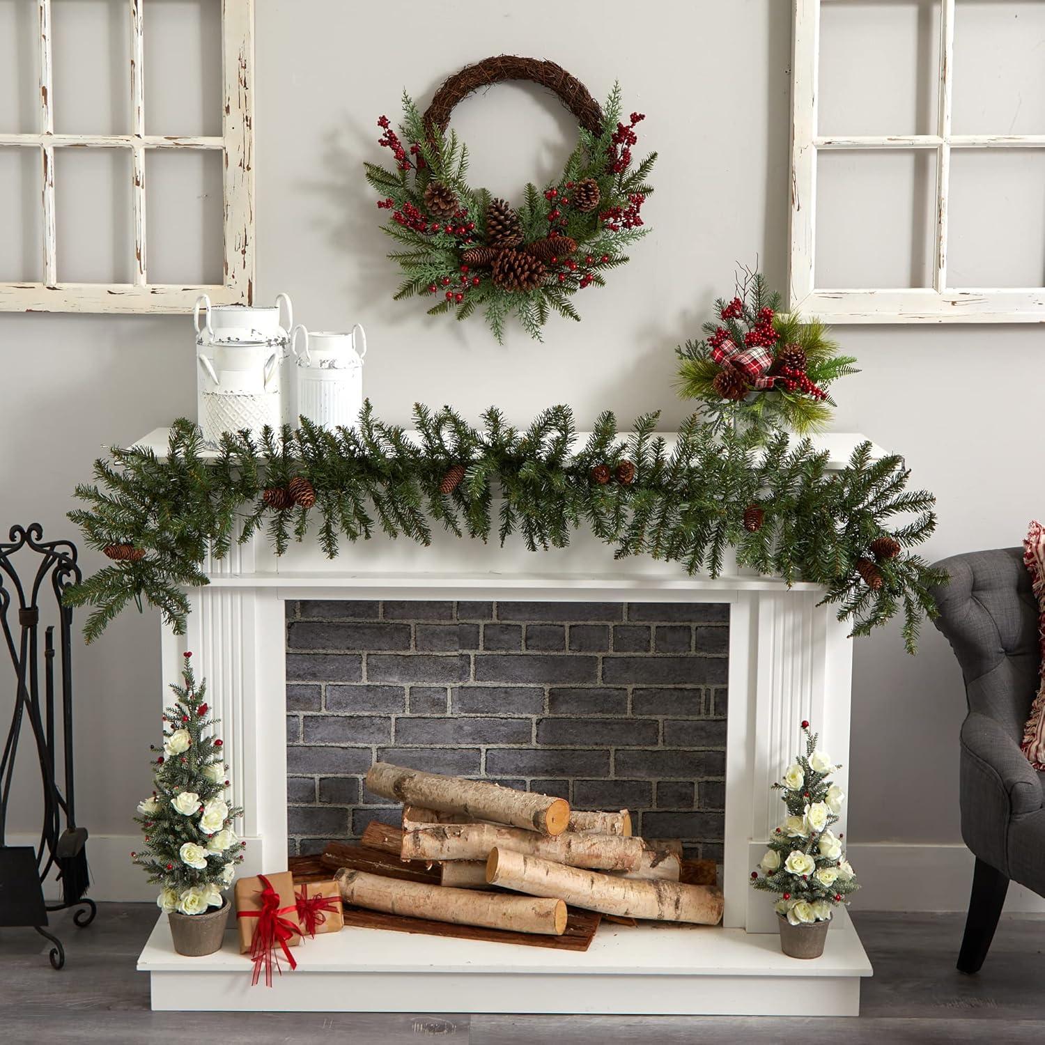 Nearly Natural 22” Mixed Pine and Cedar with Berries and Pine Cones Artificial Wreath